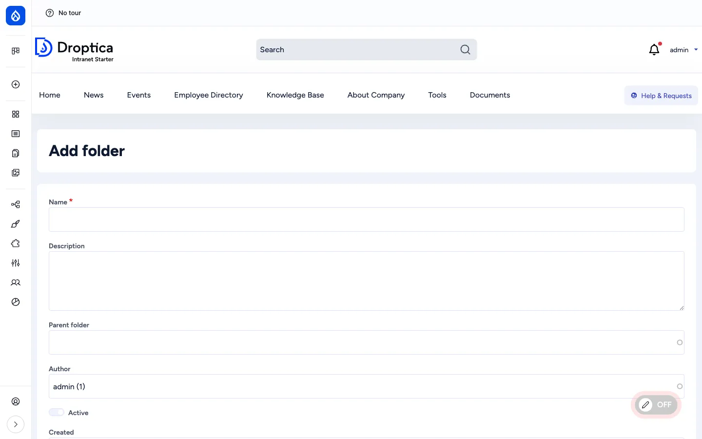Add folder form showing Name, Description, Parent folder, Author and the Active toggle