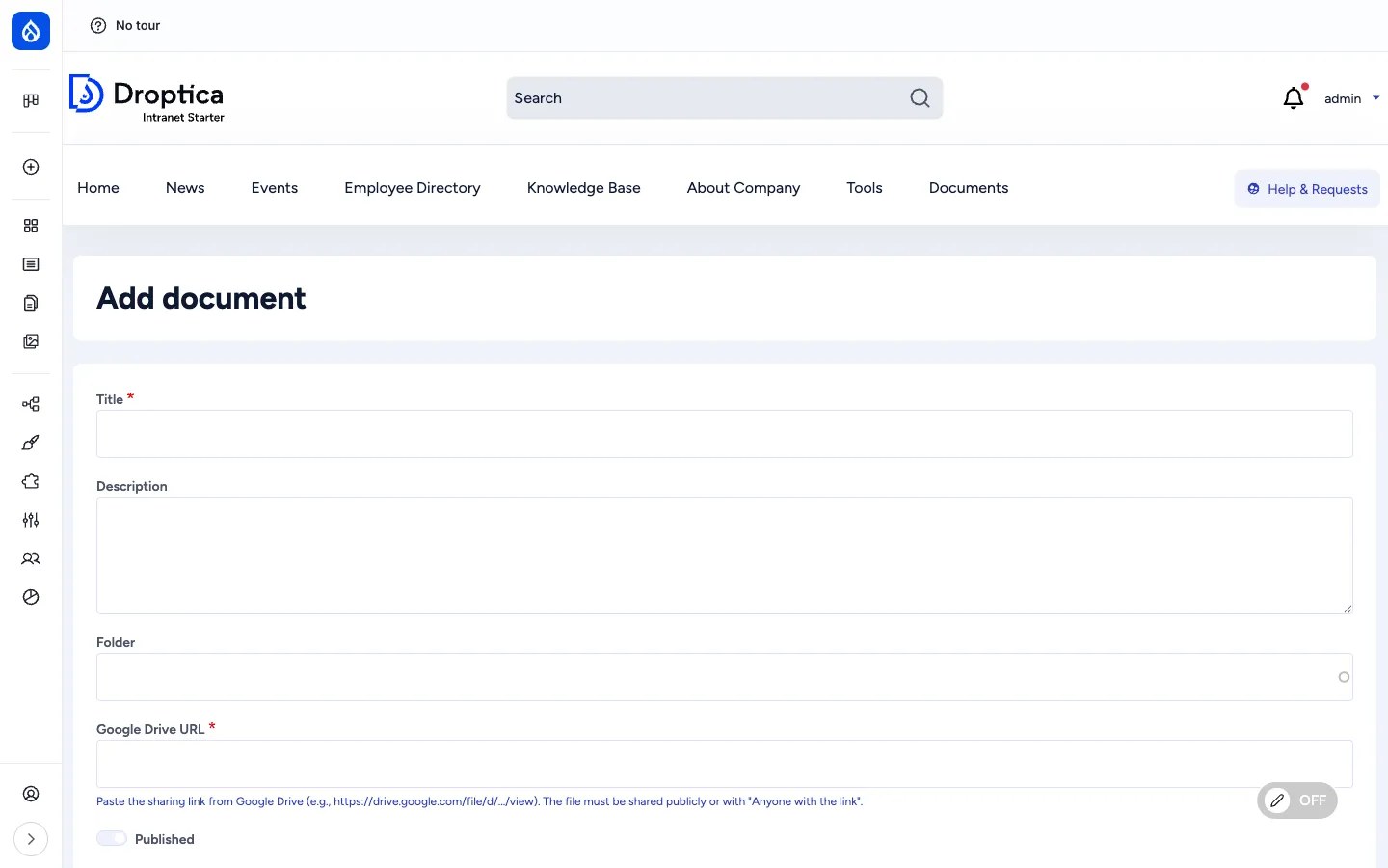 Add document form for Google Drive showing Title, Description, Folder and Google Drive URL fields