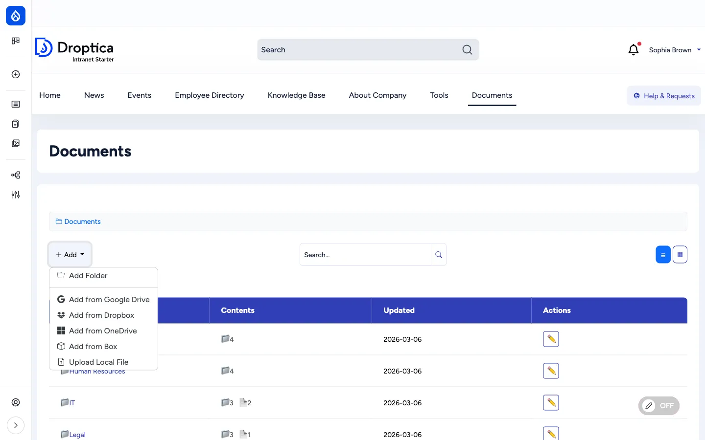 + Add dropdown menu showing Add Folder plus all five document sources: Google Drive, Dropbox, OneDrive, Box and Upload Local File