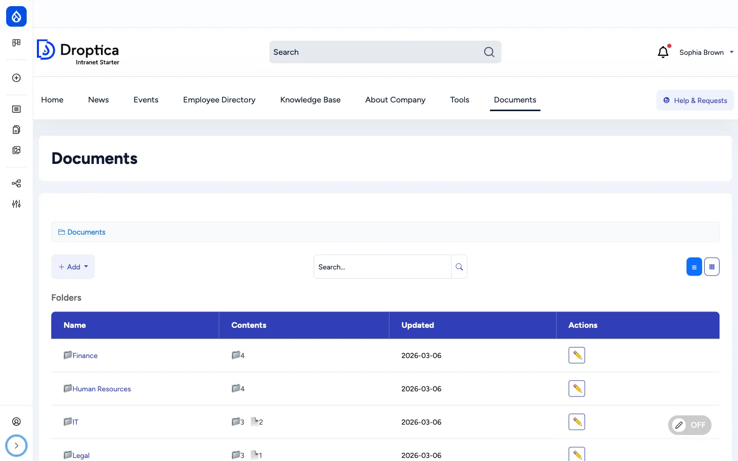 Documents browser at /documents showing top-level departmental folders, the Add menu, search bar and list/grid view toggle