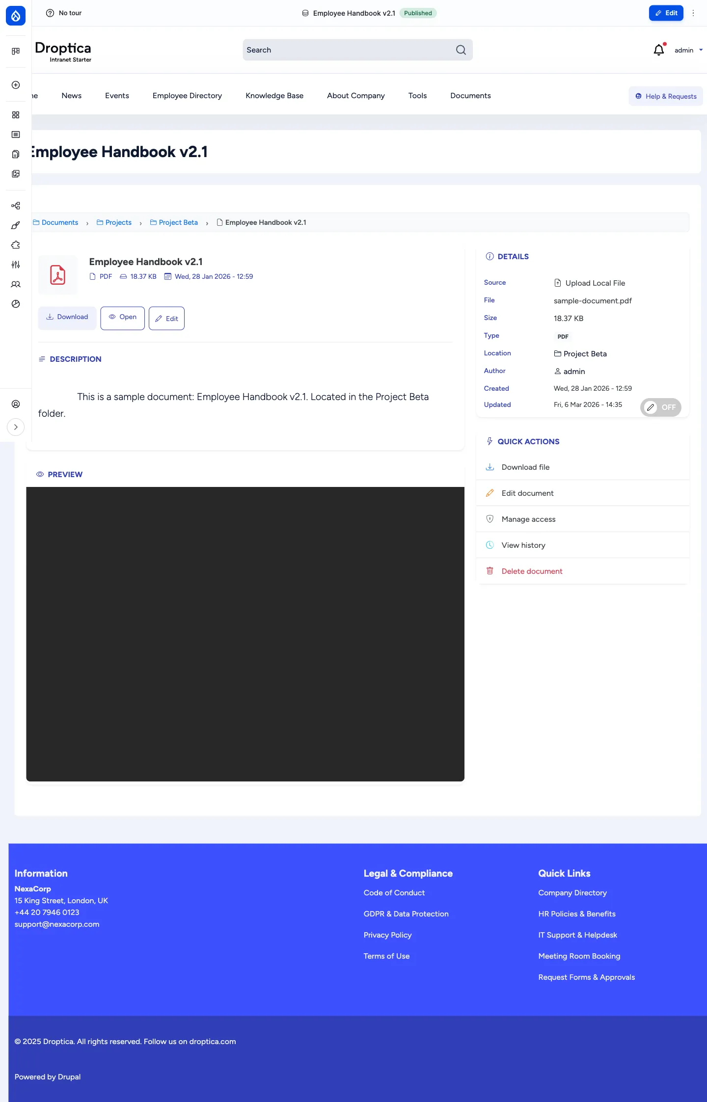 Document detail page for Employee Handbook v2.1 showing the embedded preview, action buttons, Details sidebar with metadata, and Quick actions sidebar