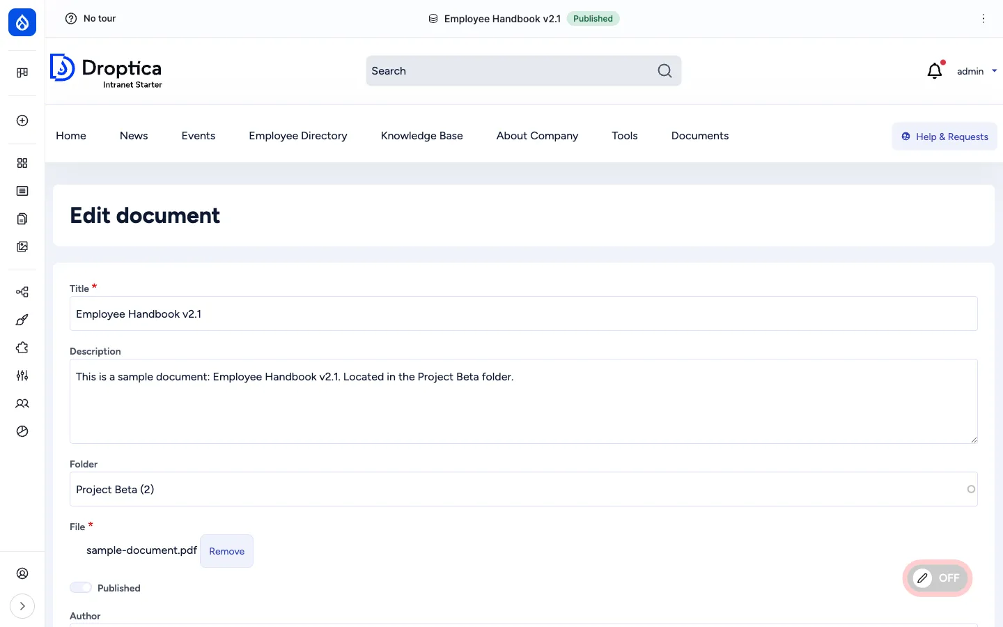 Edit document form for Employee Handbook v2.1 showing Title, Description, Folder, current File and Published toggle