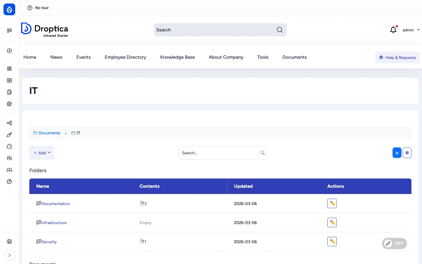 IT folder showing three subfolders (Documentation, Infrastructure, Security) and the Documents section below