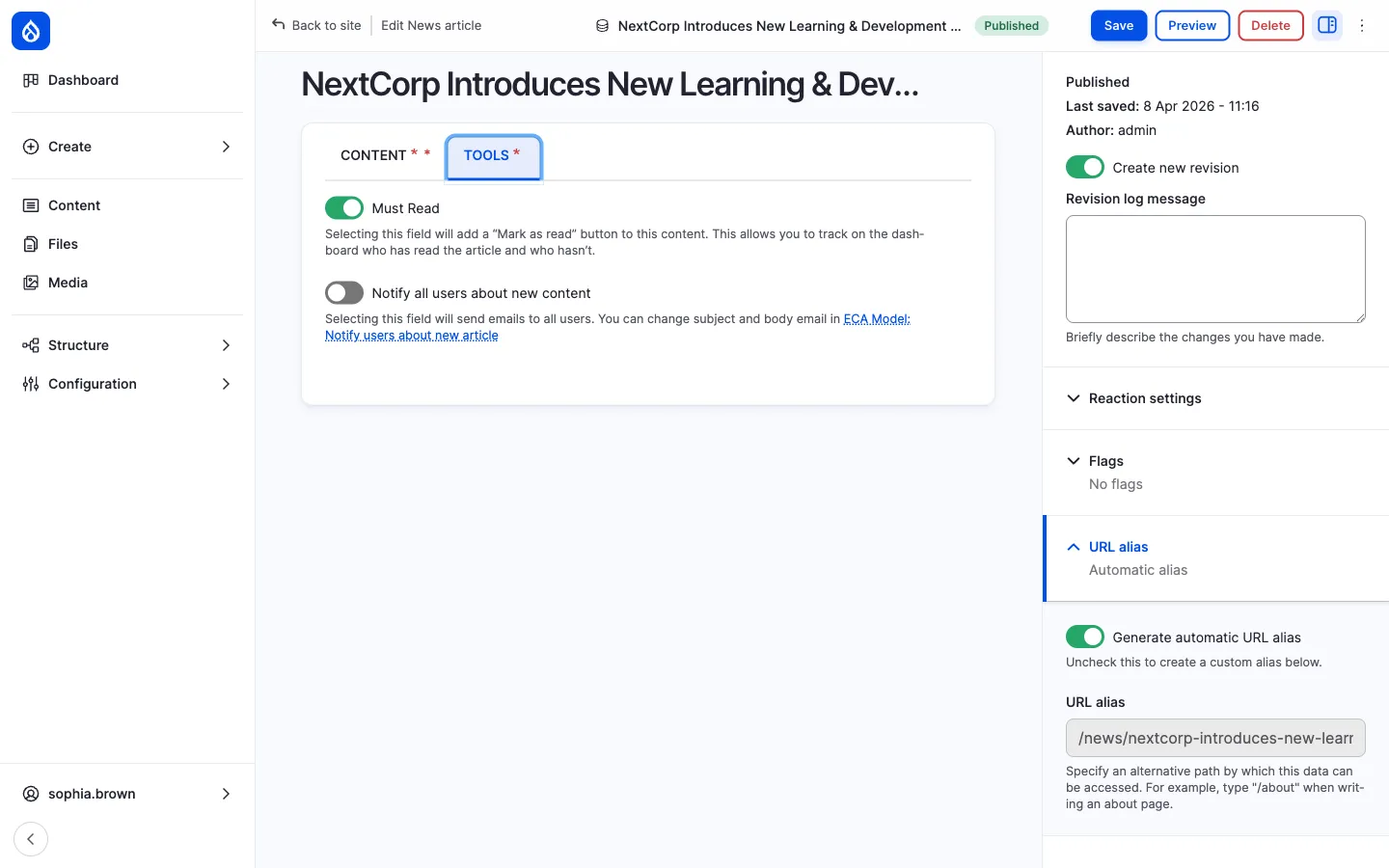 News article edit form, TOOLS tab, with the Must Read toggle switched on