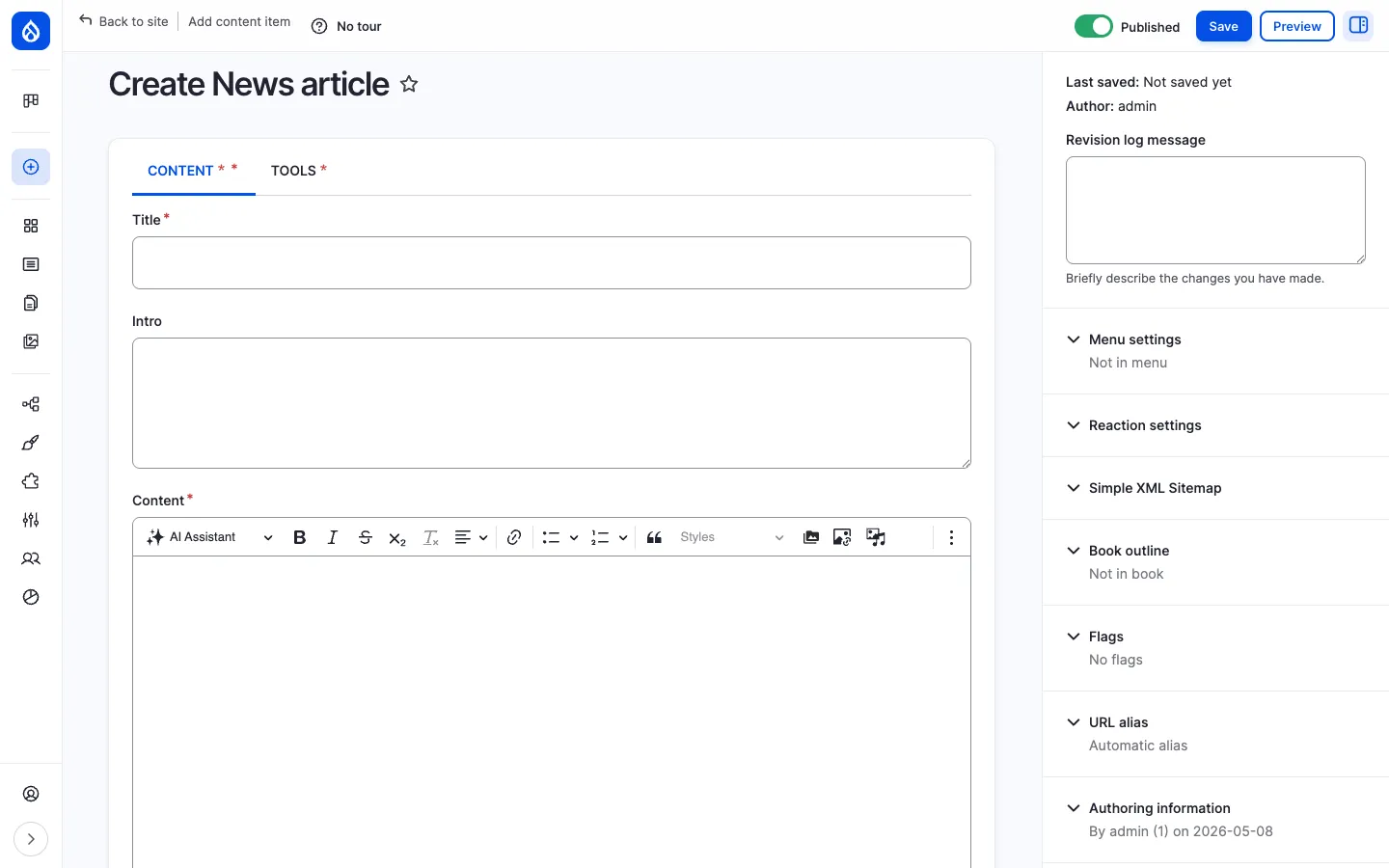Create News article form: Title, Intro and CKEditor body on the left, with right-side panels for Reaction settings, Book outline, Flags, URL alias and Authoring information