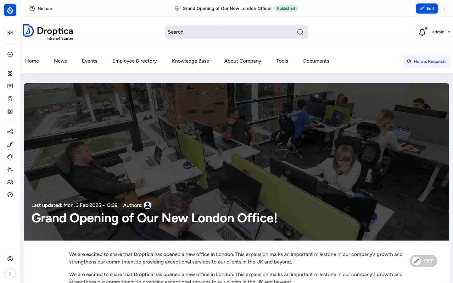 Article detail page with cover image, overlay title and metadata for "Grand Opening of Our New London Office!"