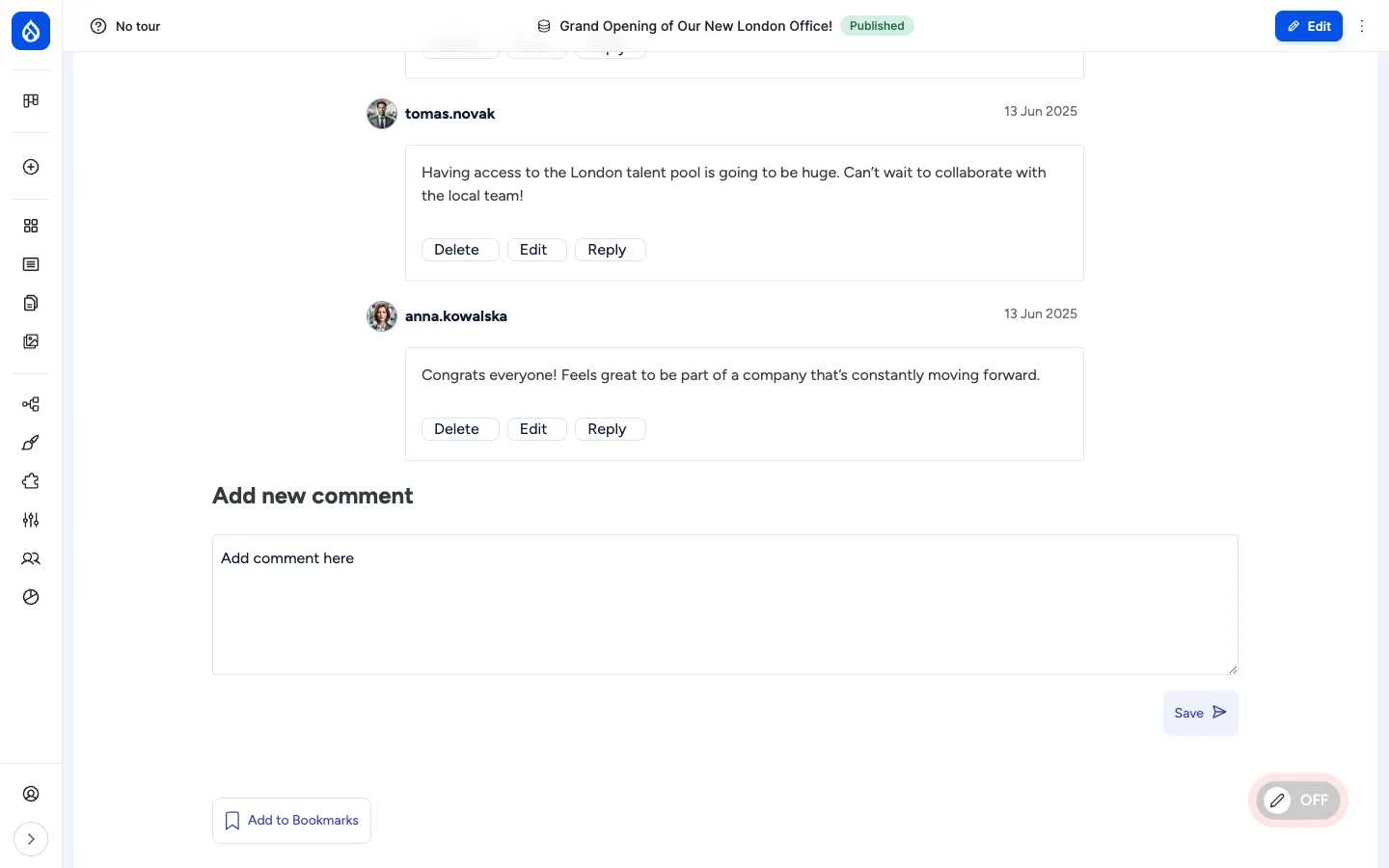 Comments thread with three comments and an "Add new comment" form, plus an Add to Bookmarks button at the bottom