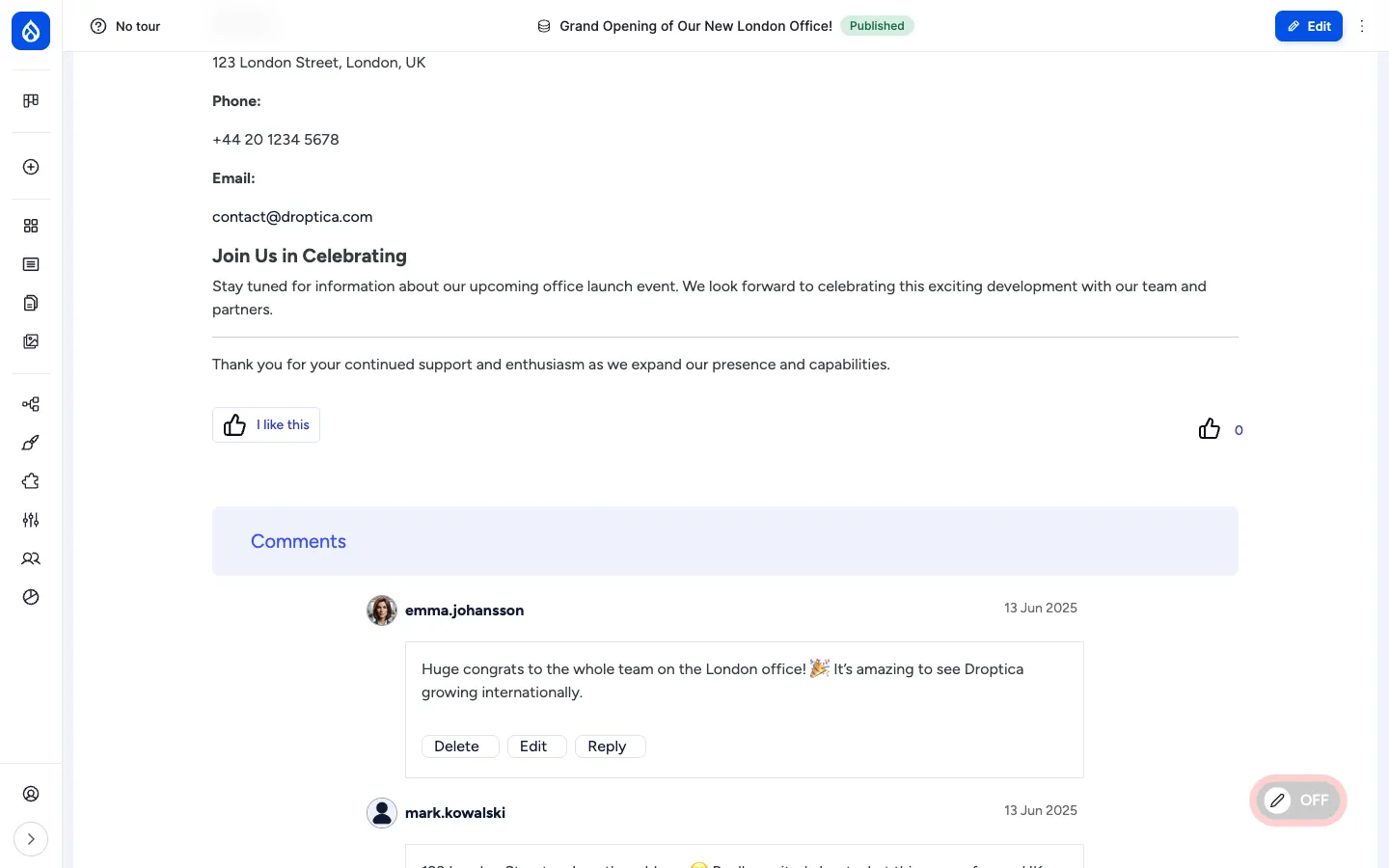 End of article body with thumbs-up "I like this" reaction button and the Comments section opening with two comments