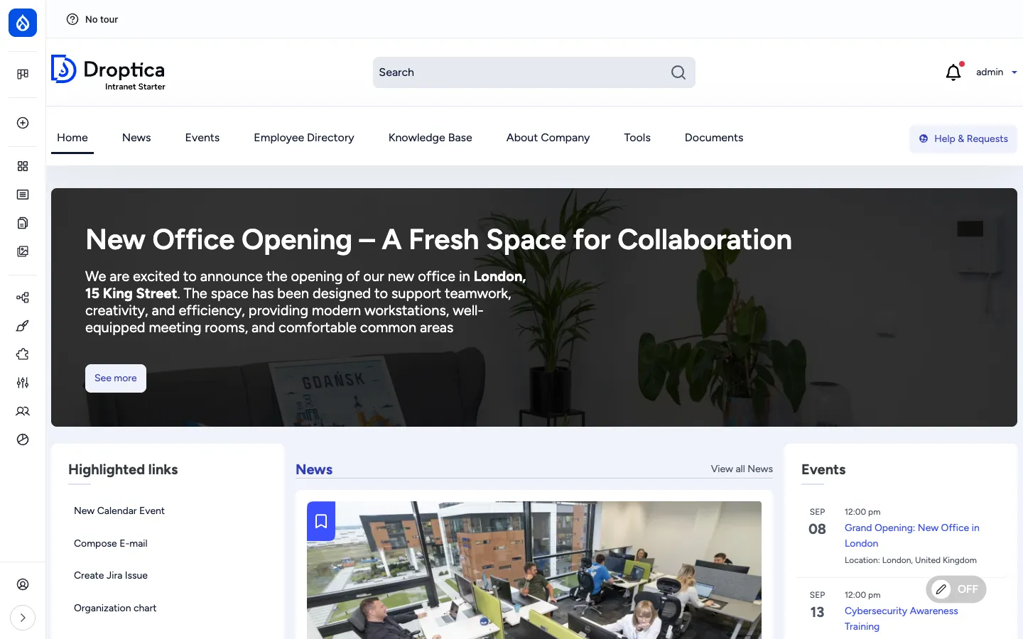 Open Intranet homepage with hero banner, Highlighted links, News block and Events block