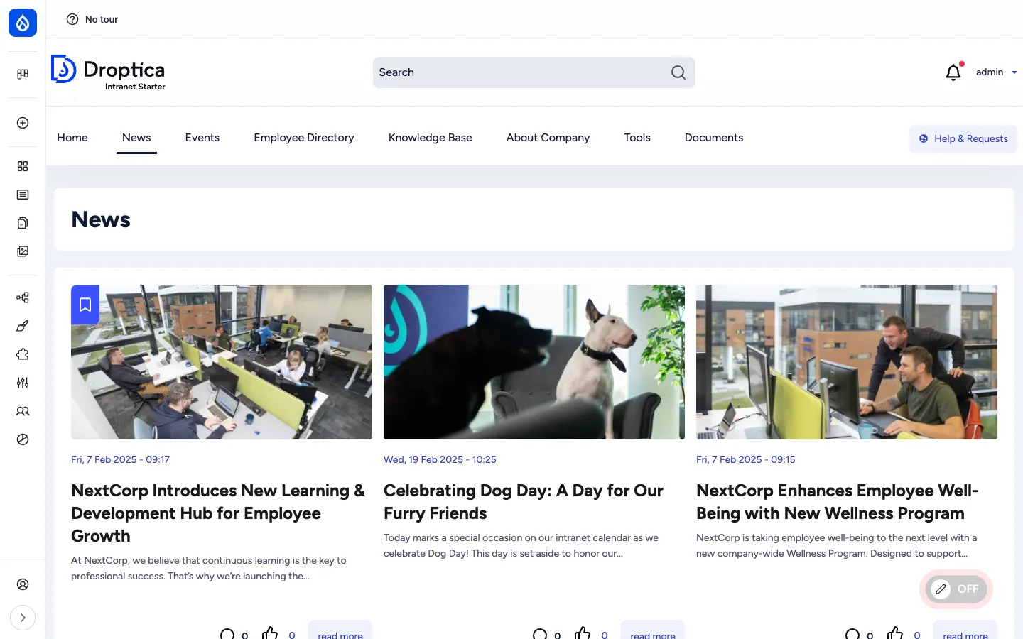 Three-column news listing at /news with cover images, dates and titles