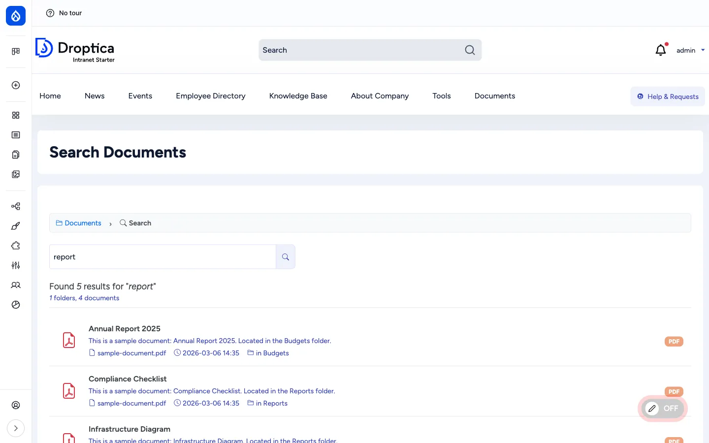 Search results for "report" showing five hits with file icons, descriptions, dates and folder paths