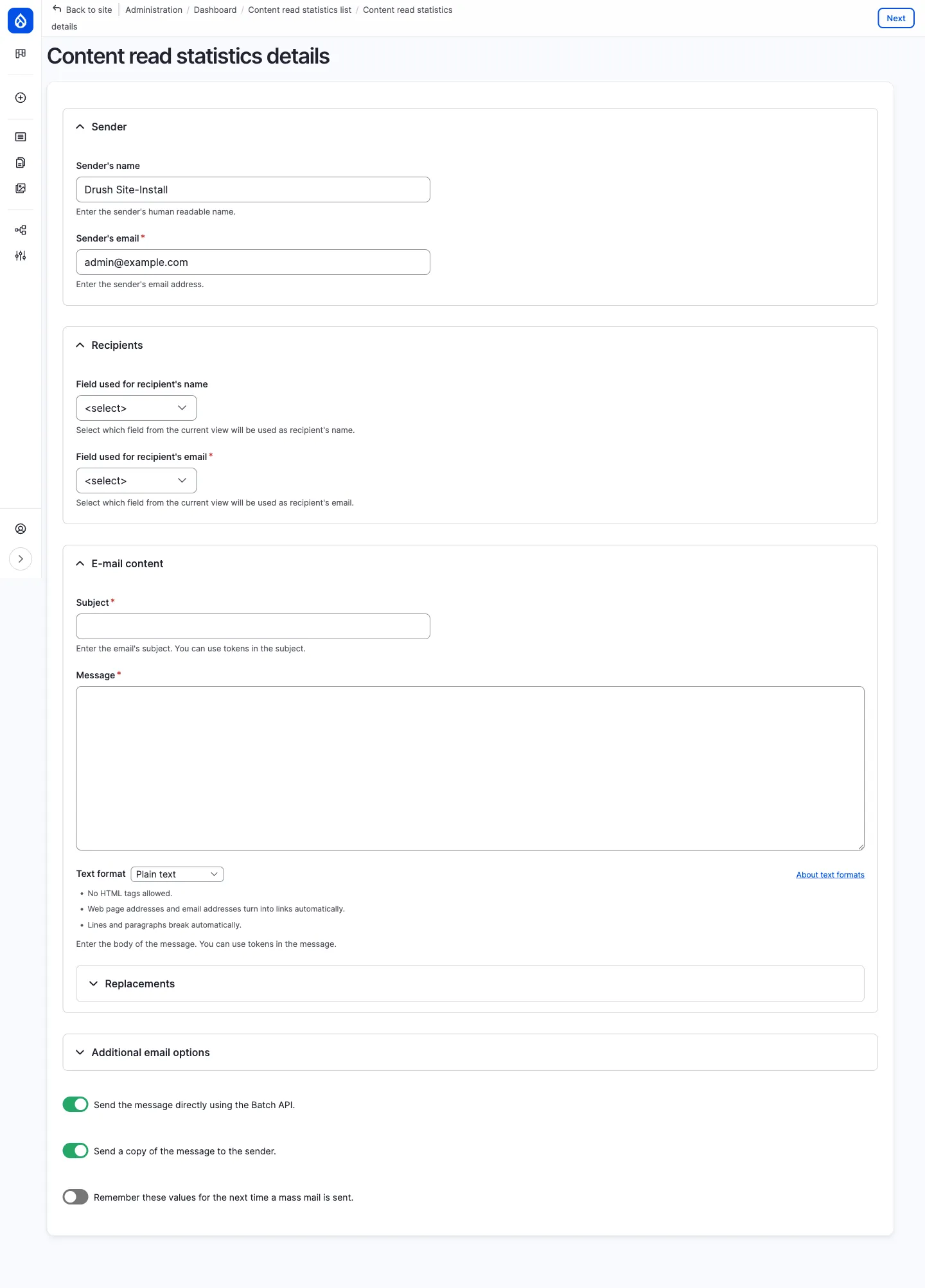 Bulk reminder form: Sender, Recipients, Subject and Message fields, with batch and copy-to-sender options