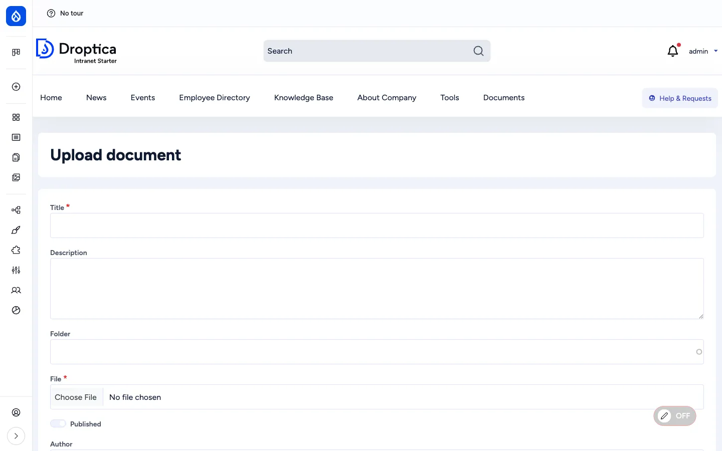 Upload document form showing Title, Description, Folder autocomplete and File picker