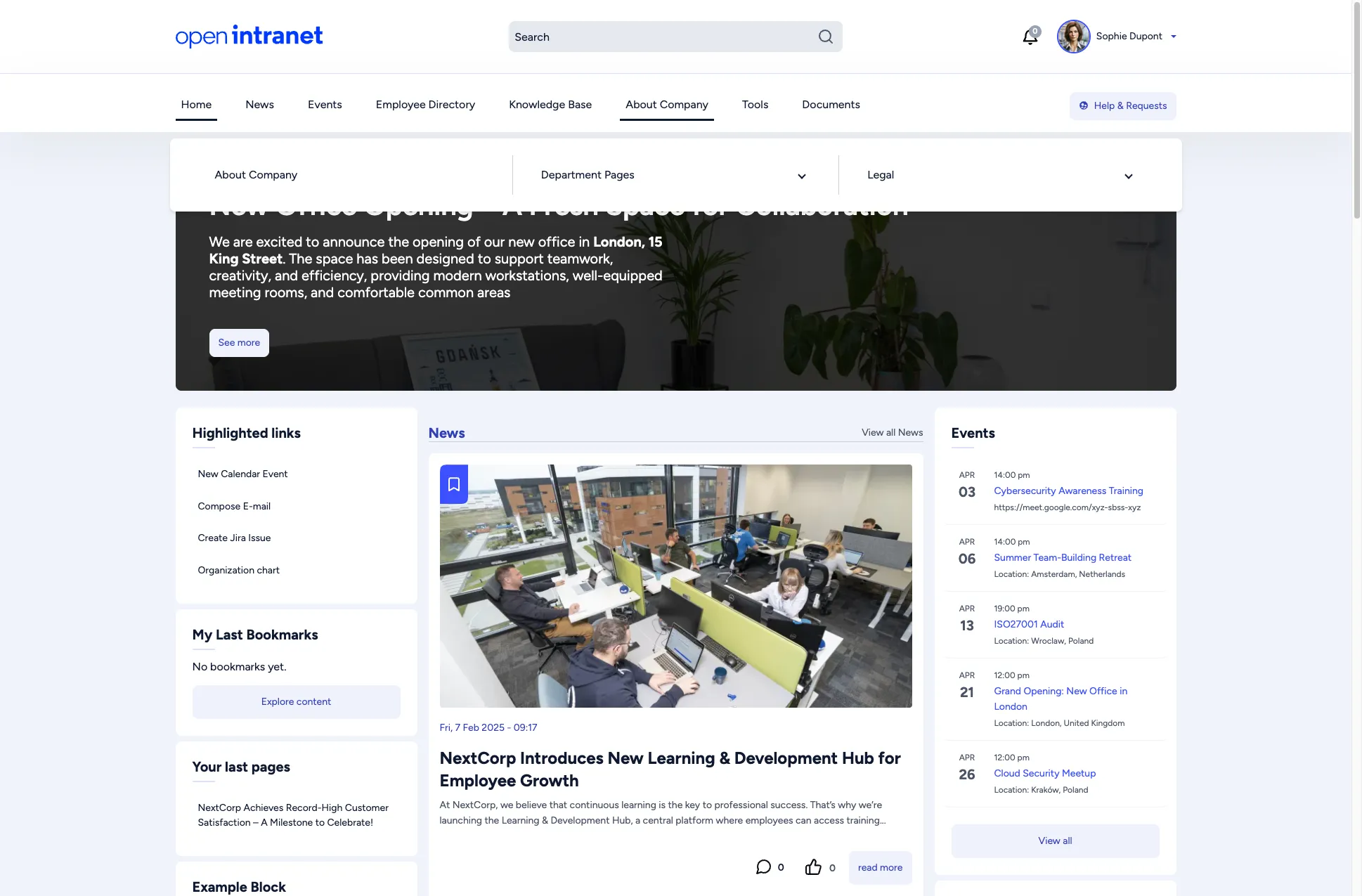 The About Company submenu with Legal, Department Pages and About Company