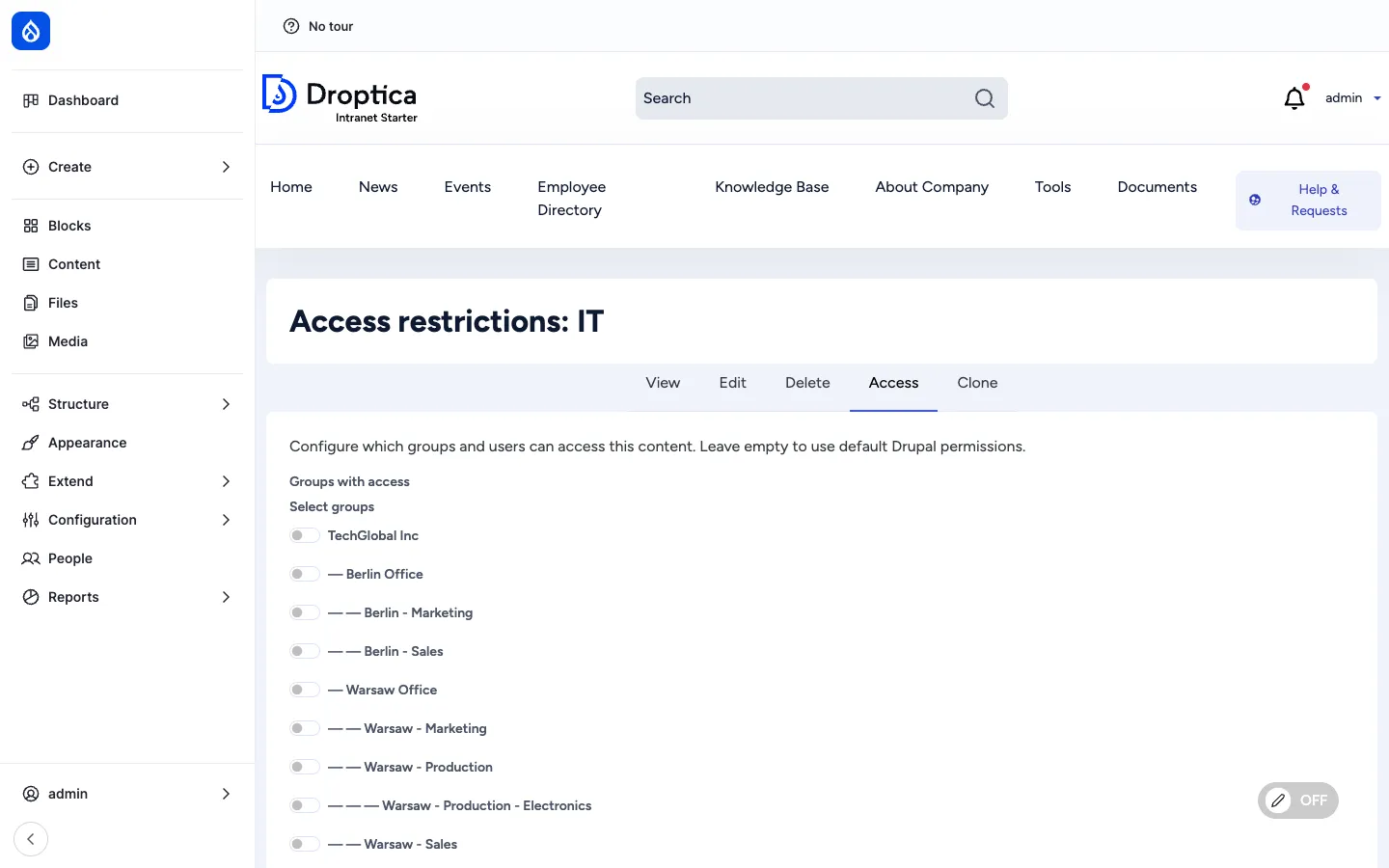 Access form on a folder: hierarchical checkbox list of OI Groups with indentation, an Individual users autocomplete, and a Save / Clear all restrictions button