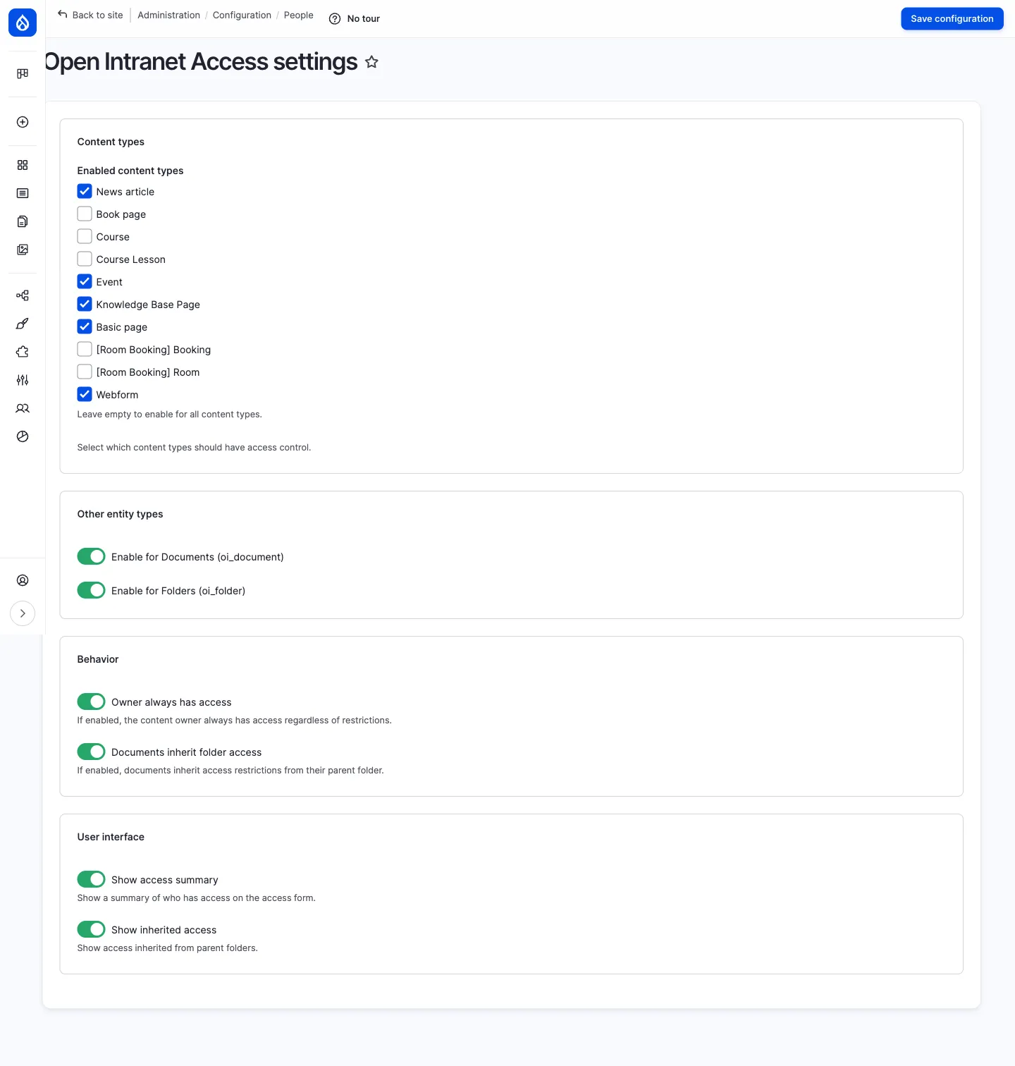 Open Intranet Access settings page showing the Content types fieldset (News article, Event, Knowledge Base Page, Basic page and Webform ticked), Other entity types (Documents and Folders enabled), Behavior (Owner always has access, Documents inherit folder access) and User interface (Show access summary, Show inherited access) toggles