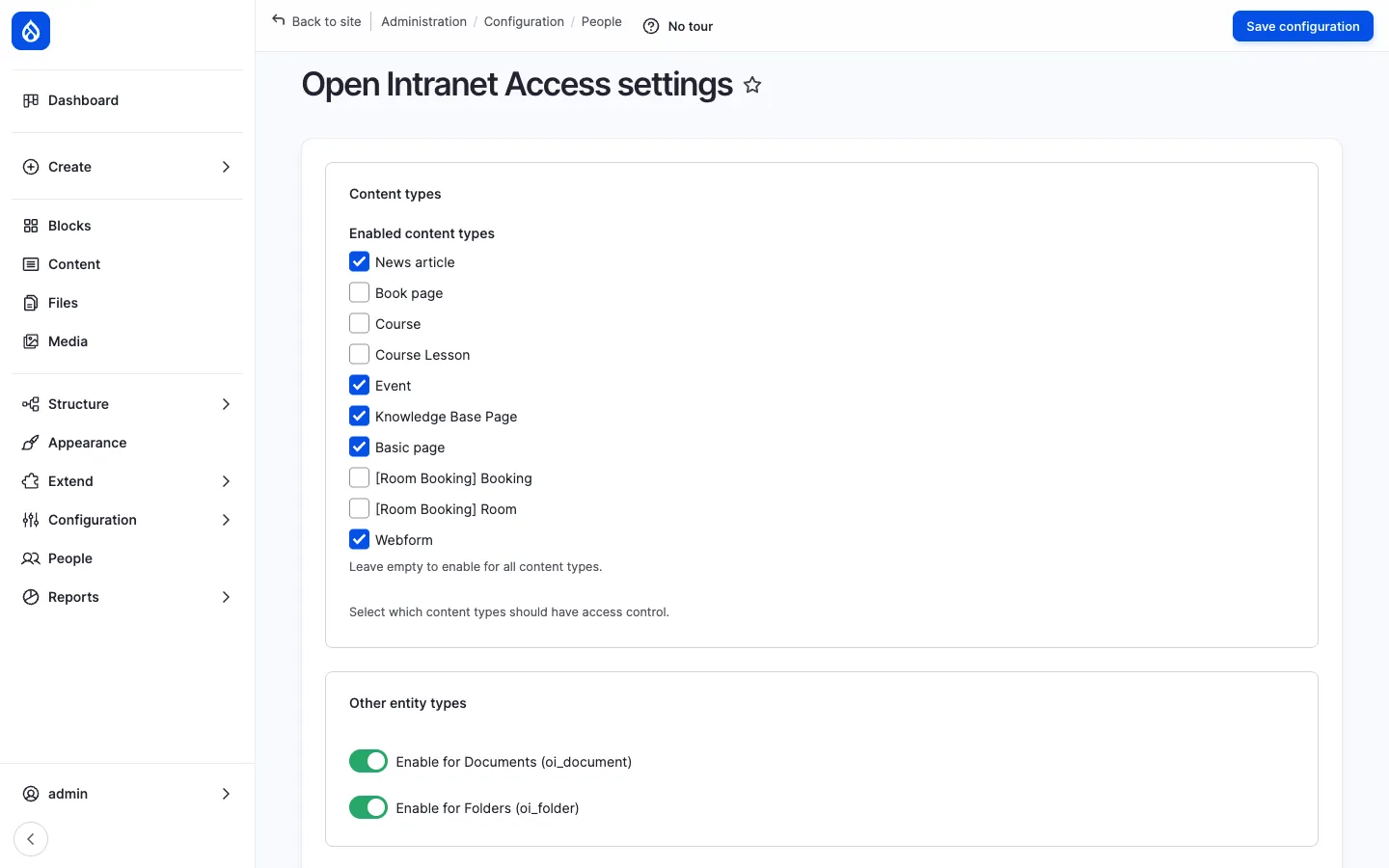 Open Intranet Access settings page