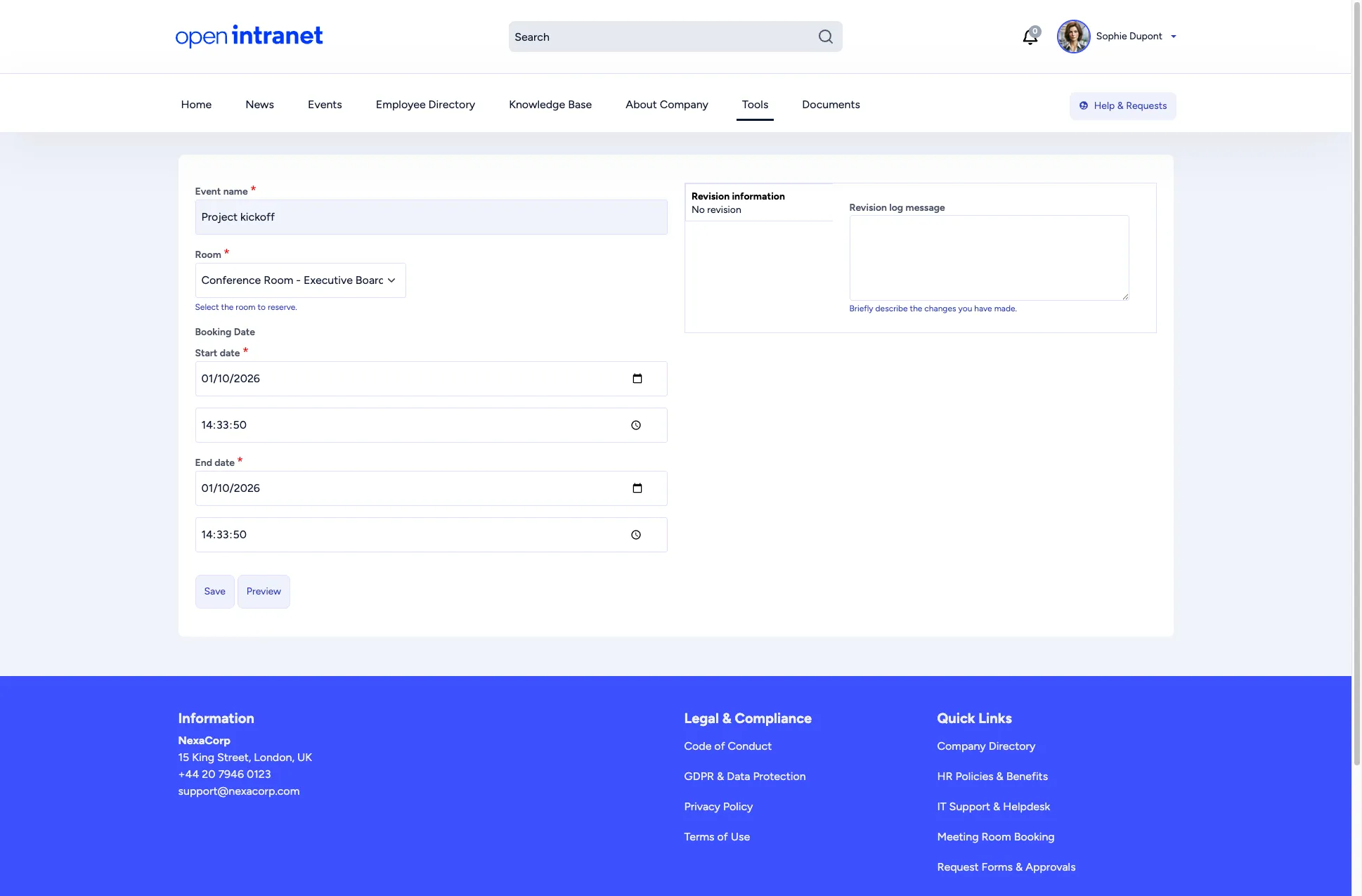 Add Room Booking form as an ordinary user sees it