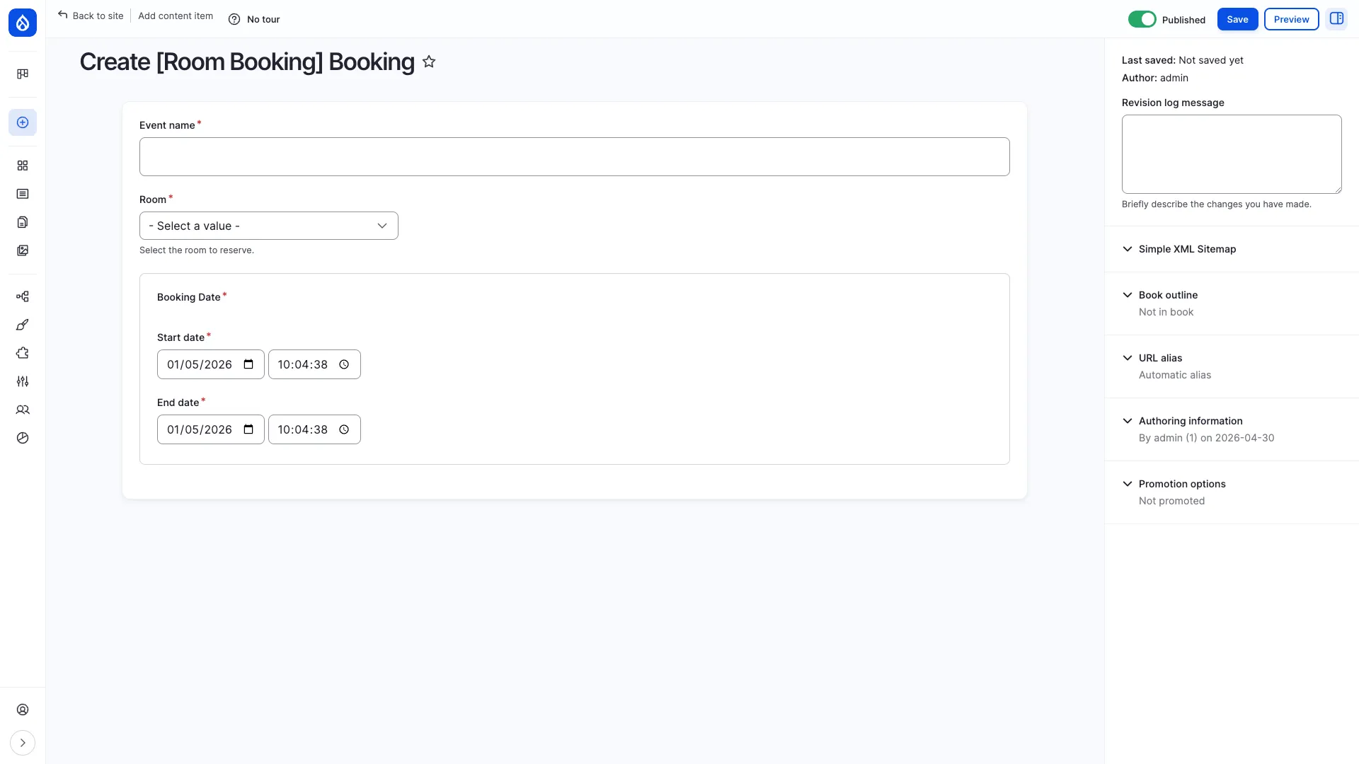 Add Room Booking form with title, date range and room reference