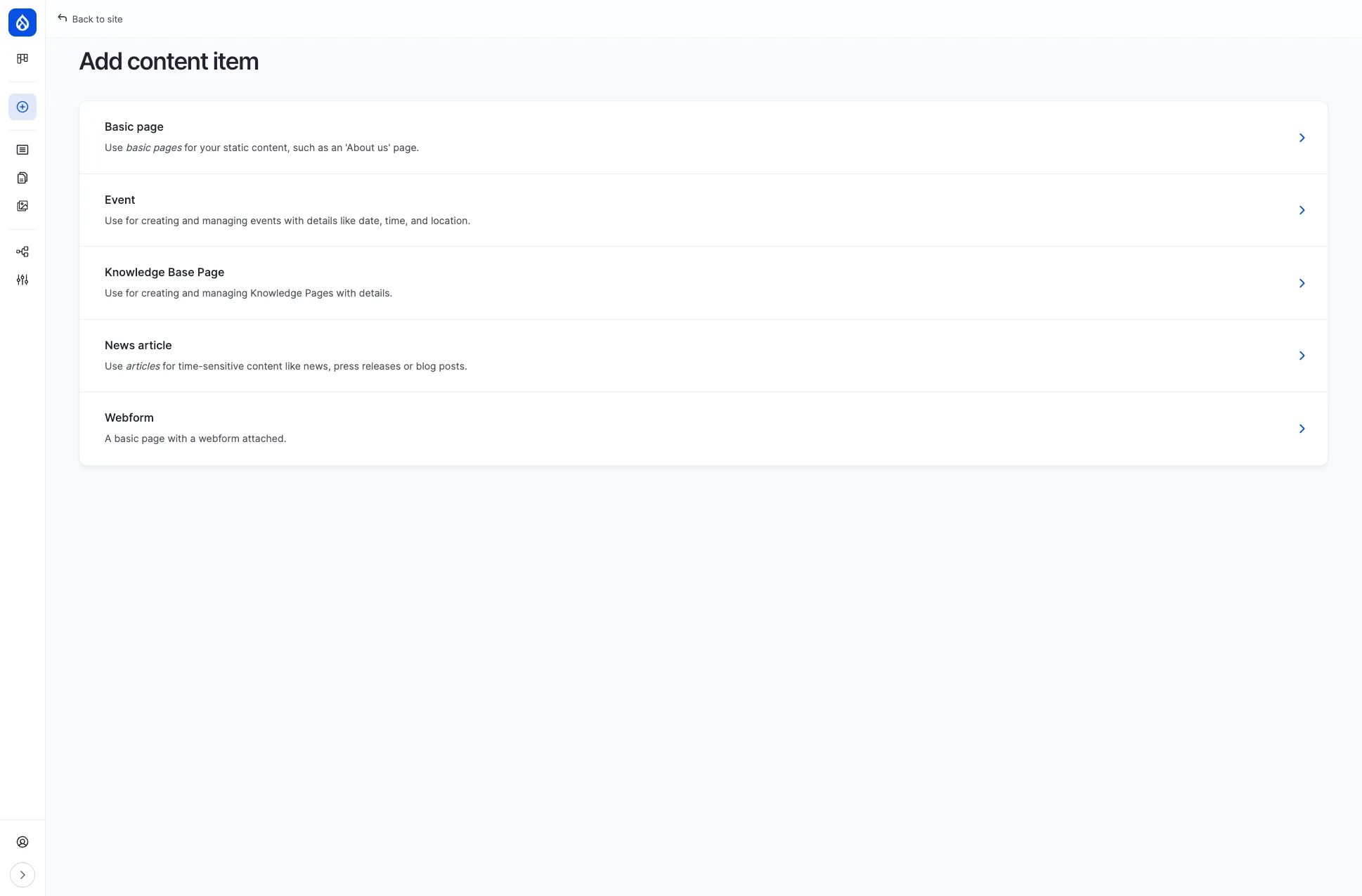 Add content item page showing available content types