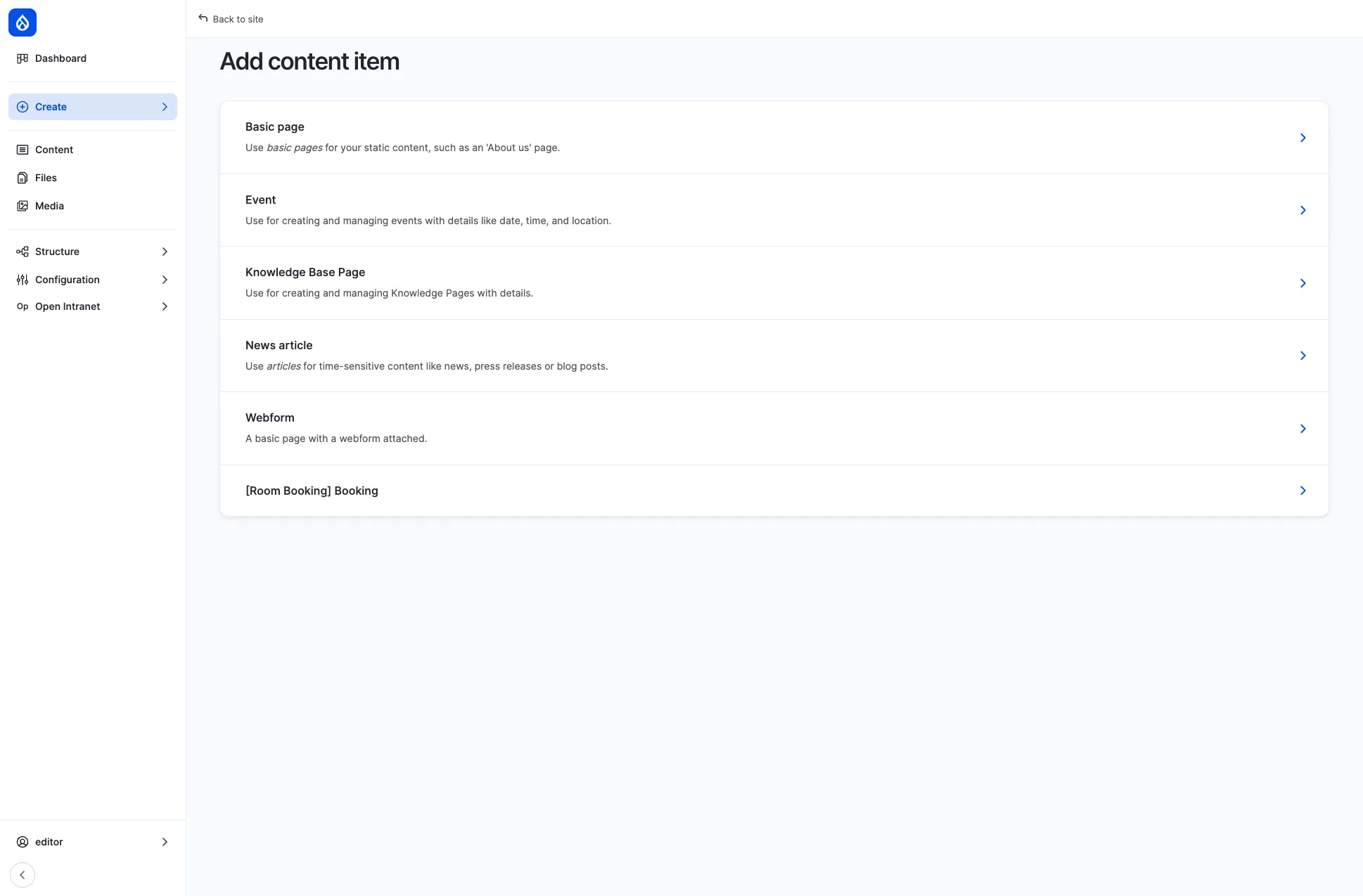 Add content item page showing available content types