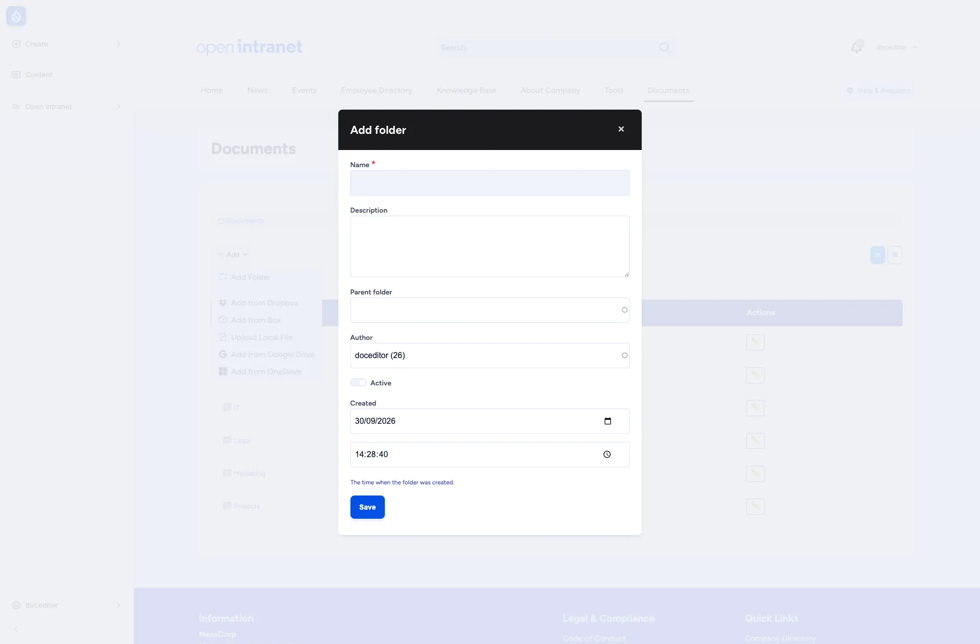 Add folder form showing Name, Description, Parent folder, Author and the Active toggle