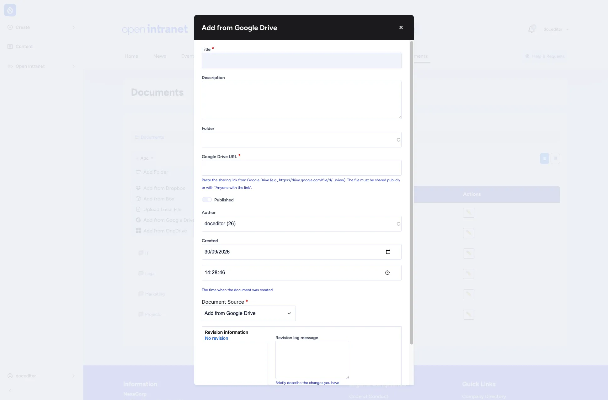Add document form for Google Drive showing Title, Description, Folder and Google Drive URL fields