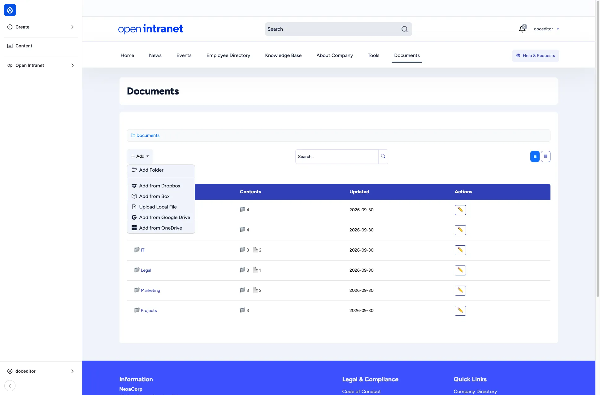 + Add dropdown menu showing Add Folder plus all five document sources: Google Drive, Dropbox, OneDrive, Box and Upload Local File