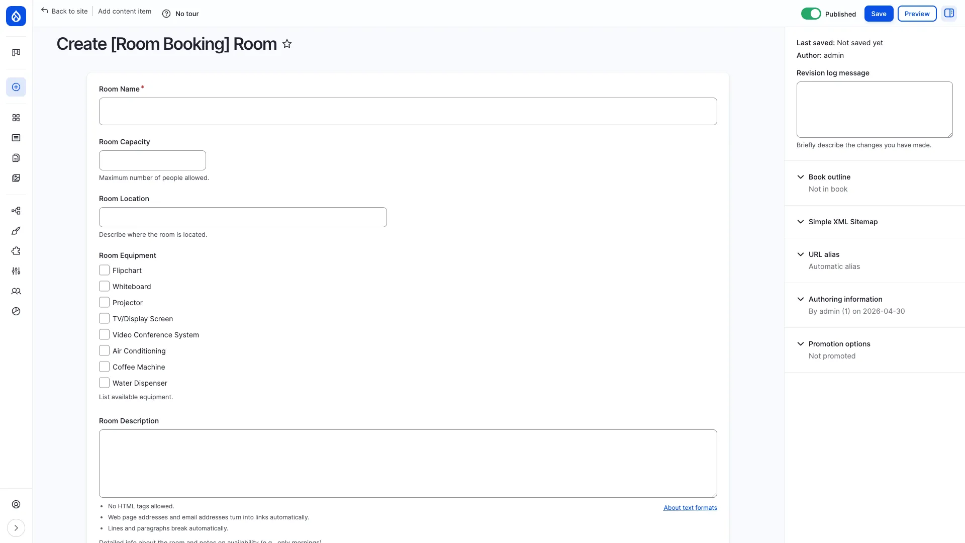 Add Room form with title, description, location, capacity and equipment fields