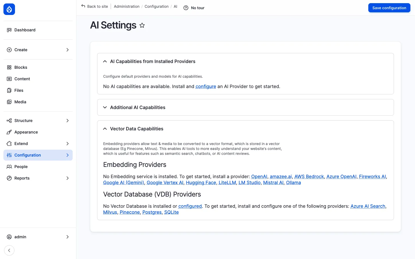 AI Settings page at /admin/config/ai/settings with three sections — AI Capabilities from Installed Providers, Additional AI Capabilities, Vector Data Capabilities — and a list of supported embedding providers and vector databases