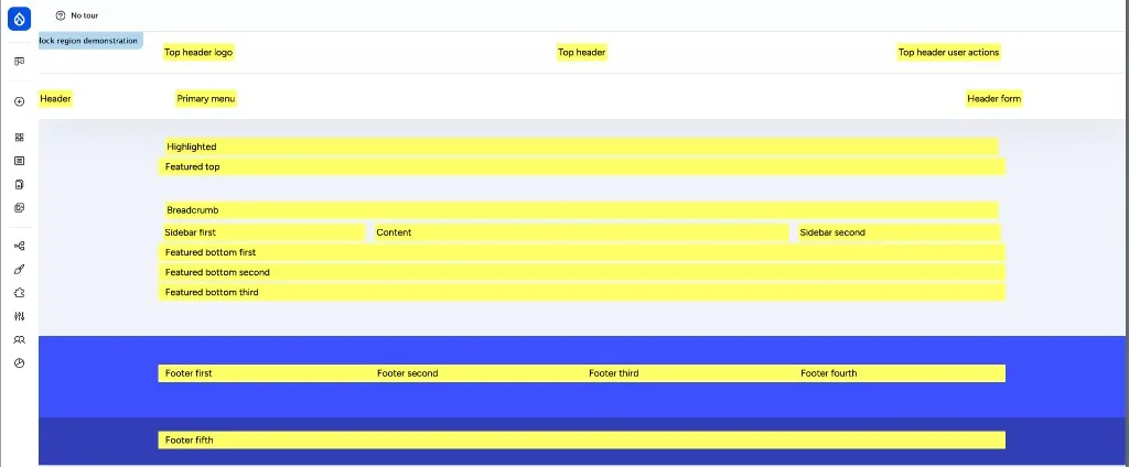 Region demo page showing every region of openintranet_theme with its name overlaid in yellow