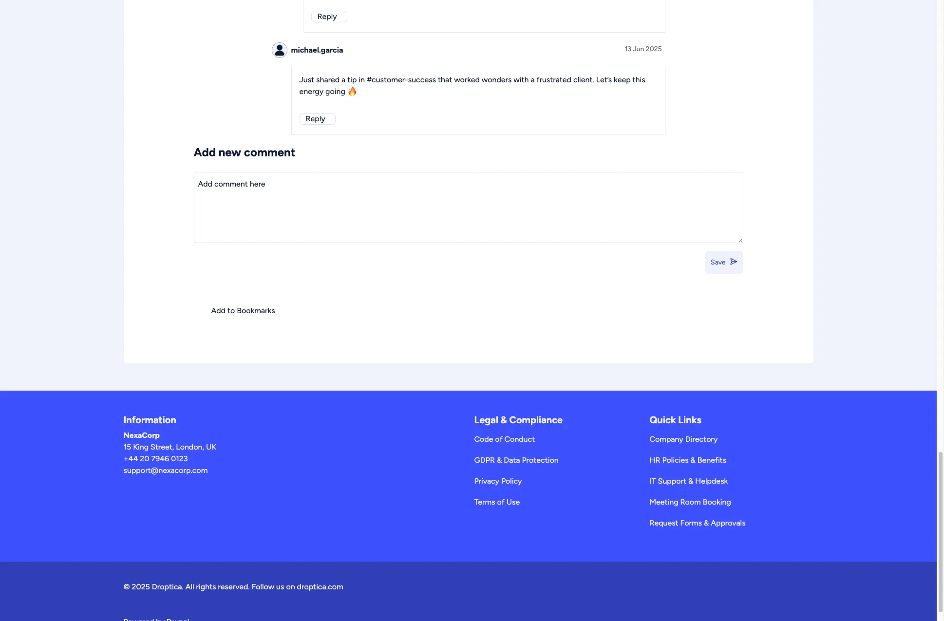 The Add to Bookmarks link below the comment form