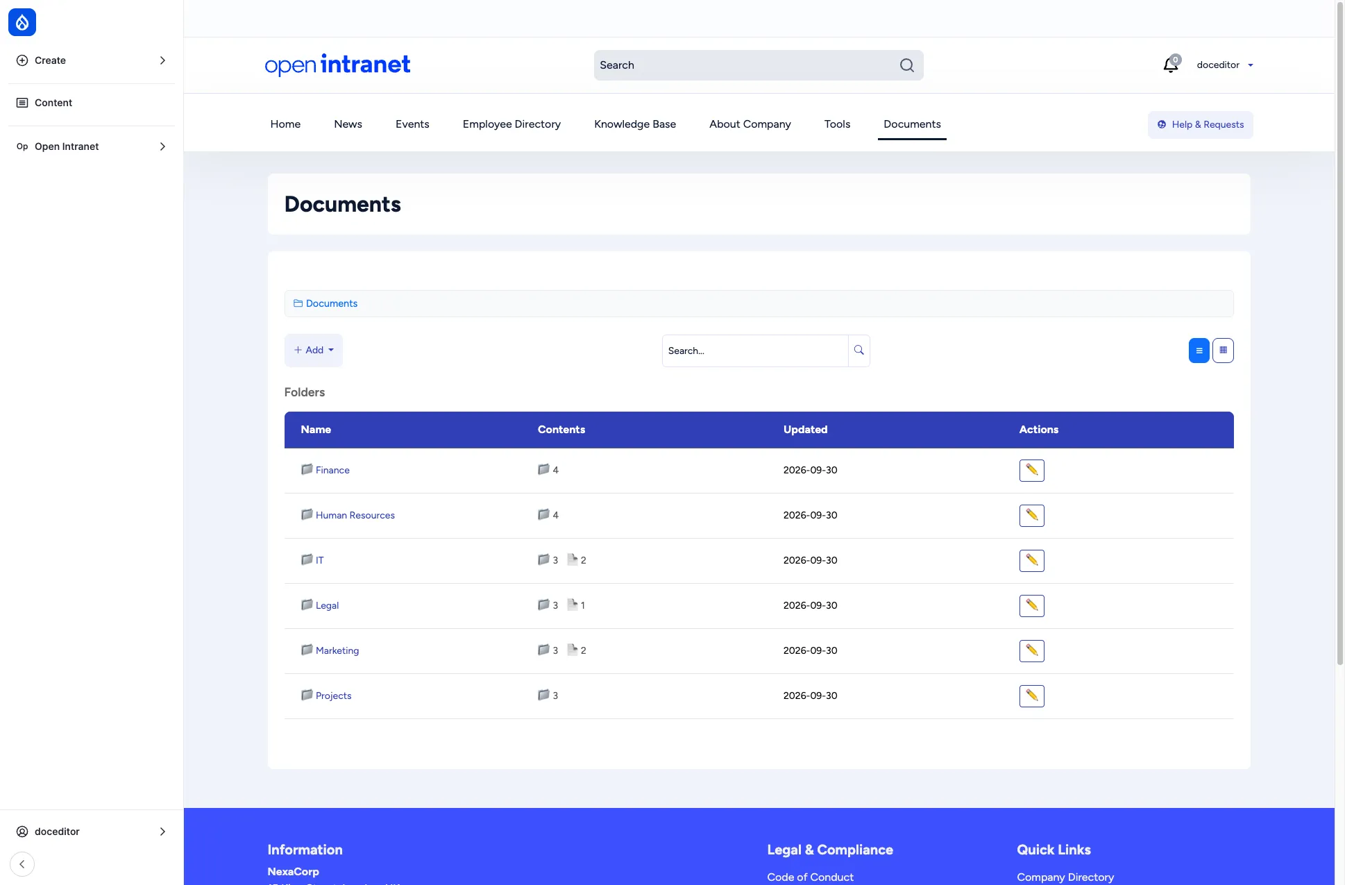 Documents browser at /documents showing top-level departmental folders, the Add menu, search bar and list/grid view toggle