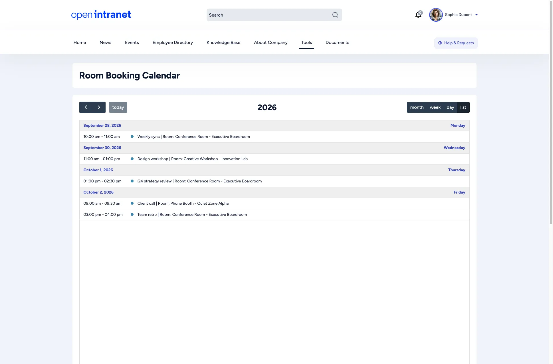 Room Booking calendar in list view, showing this week's bookings with time, name and room