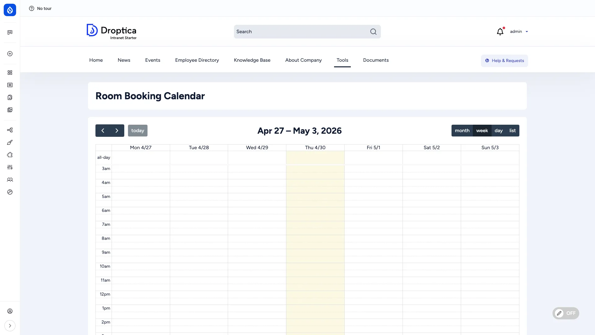 Room Booking calendar at /rooms with bookings displayed across the month