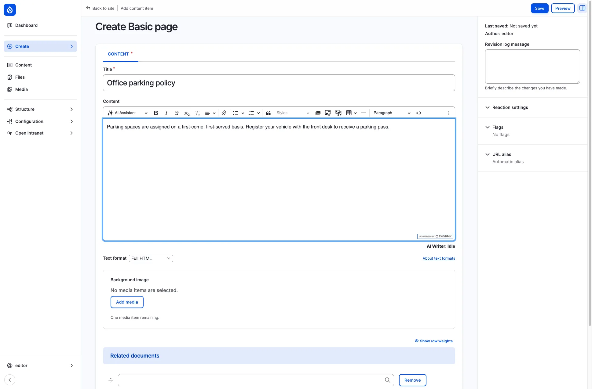 Create Basic page form with title, content editor, text format, background image and related documents