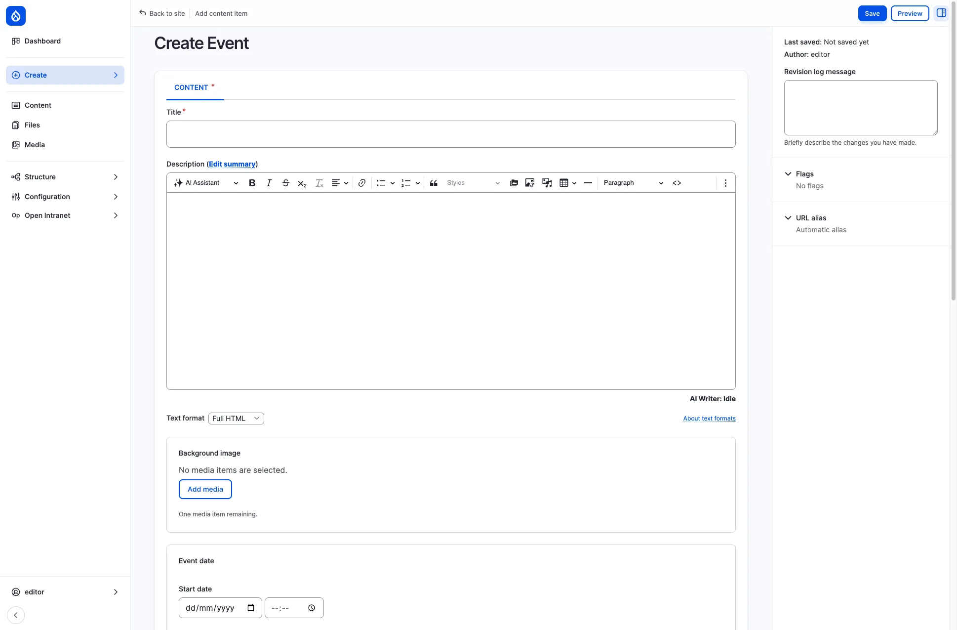 Create Event form with title, description, background image, date, and location map