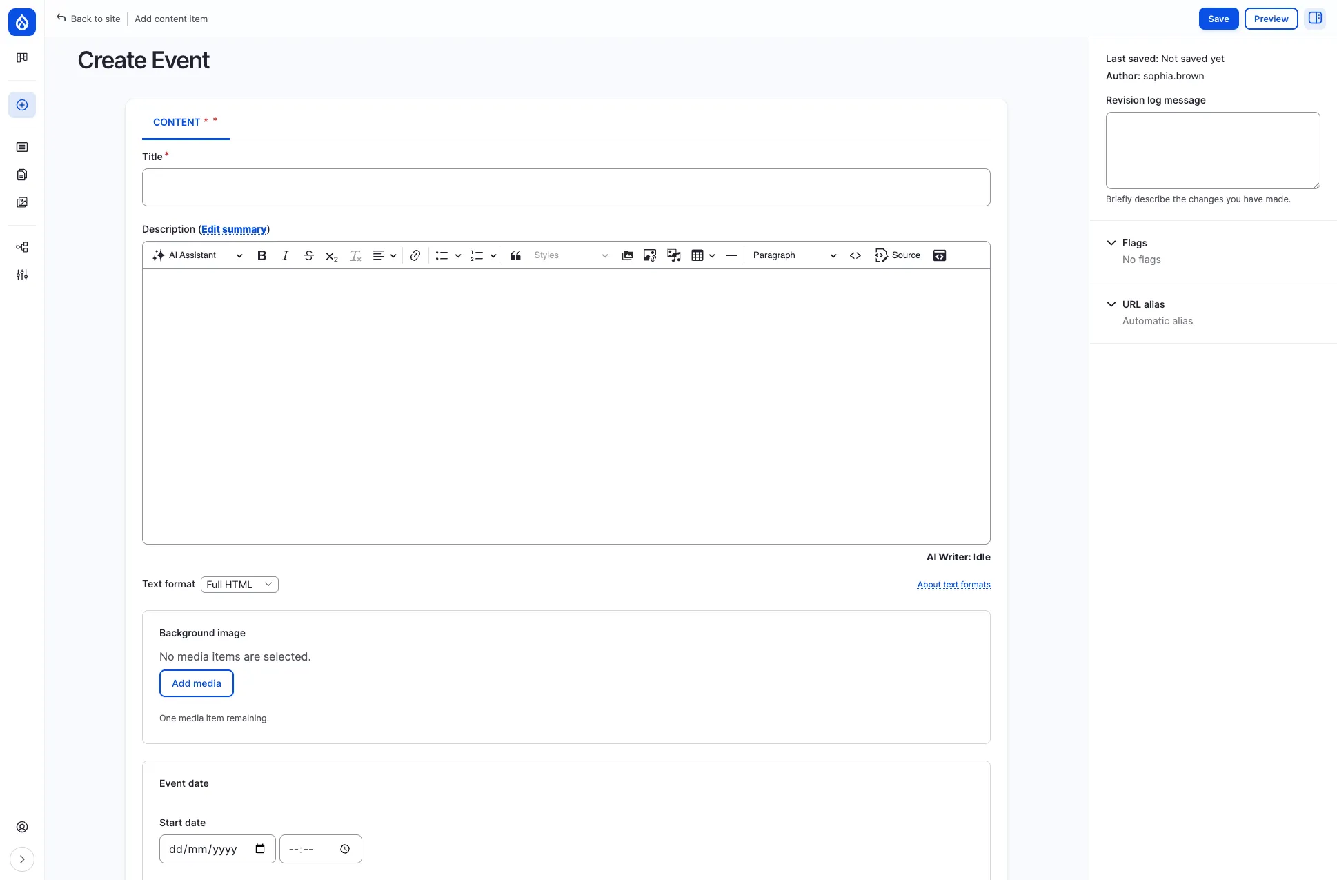 Create Event form with title, description, background image, date, and location map