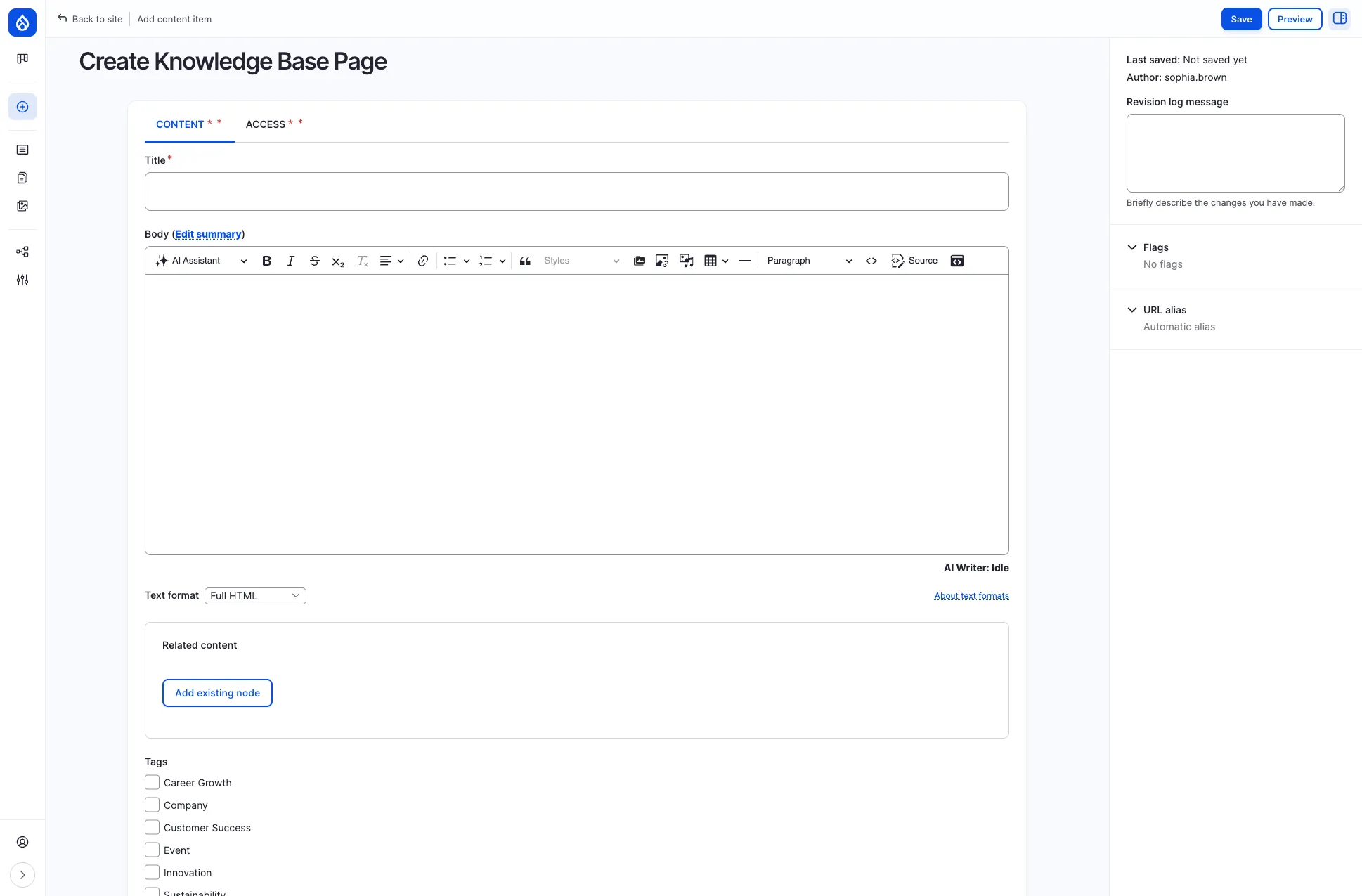 Create Knowledge Base Page form with title, body, related content, and tags