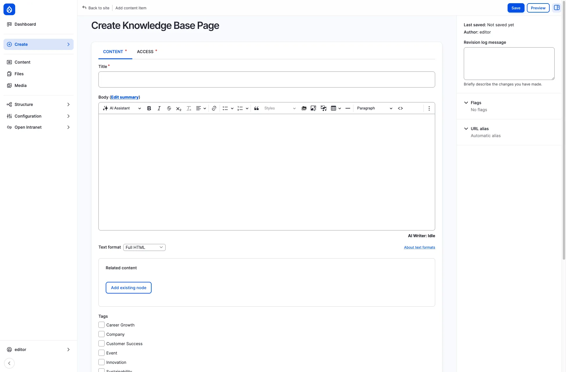 Create Knowledge Base Page form with title, body, related content, and tags