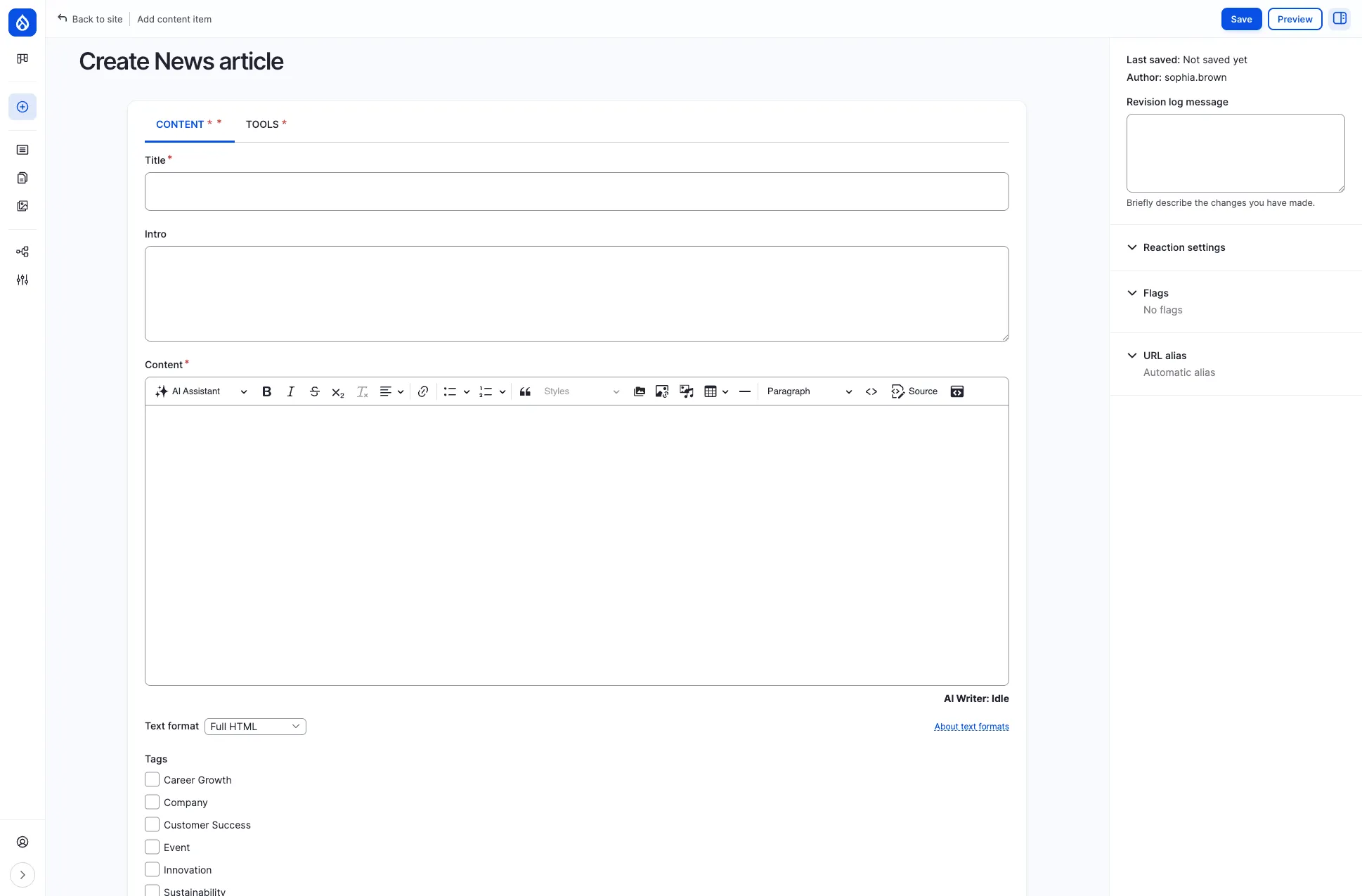 Create News article form with title, intro, content editor, tags, and media fields