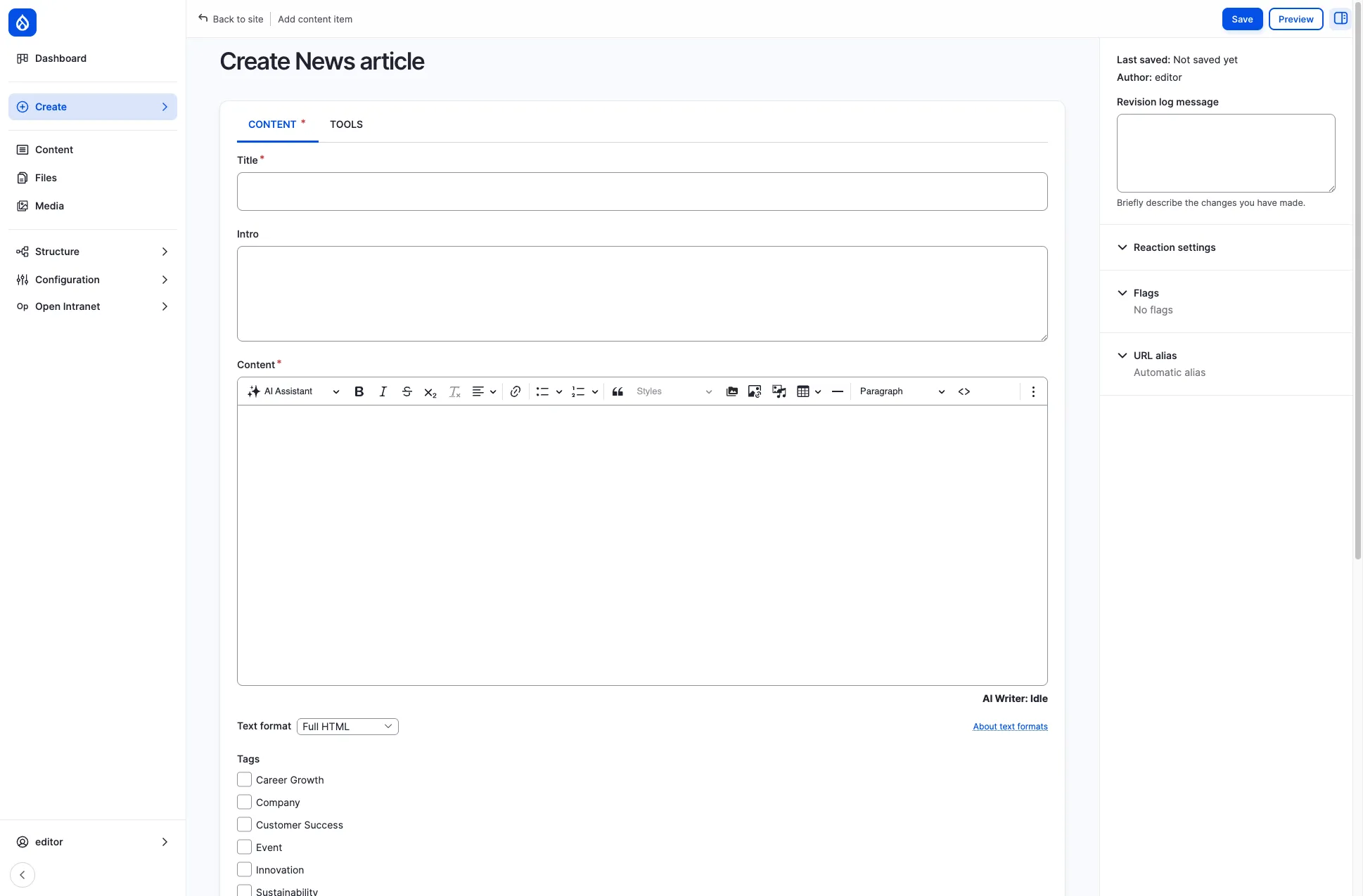 Create News article form with title, intro, content editor, tags, and media fields