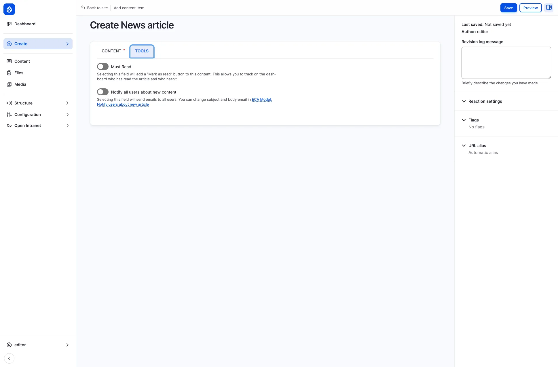 TOOLS tab of the Create News article form with the Must Read and Notify all users switches