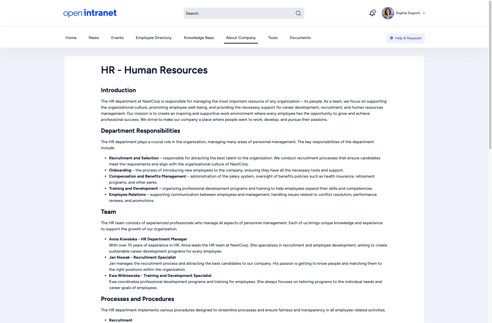The HR department page