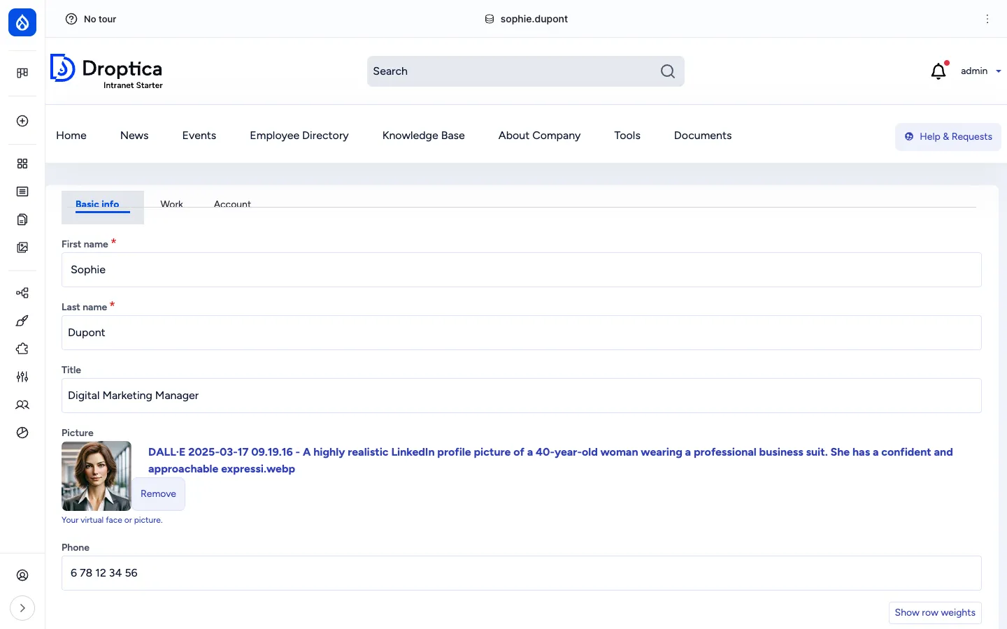 User edit form showing the Open Intranet fields grouped under the standard Drupal account form