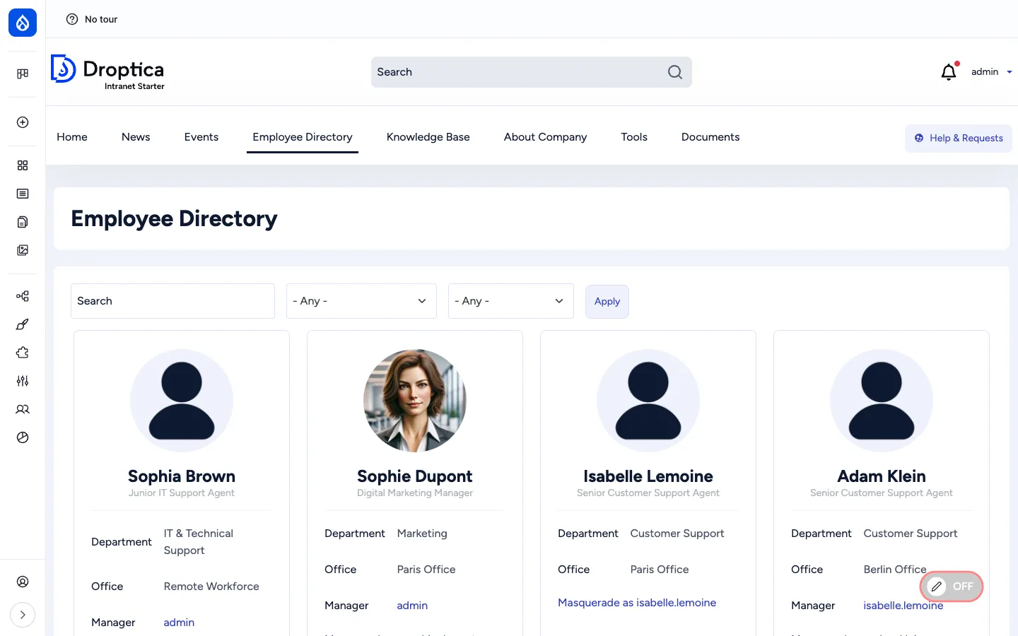 Employee Directory at /employee-directory: search box and two filters at the top, then a card grid showing four employees with photo, name, job title, Department, Office and Manager