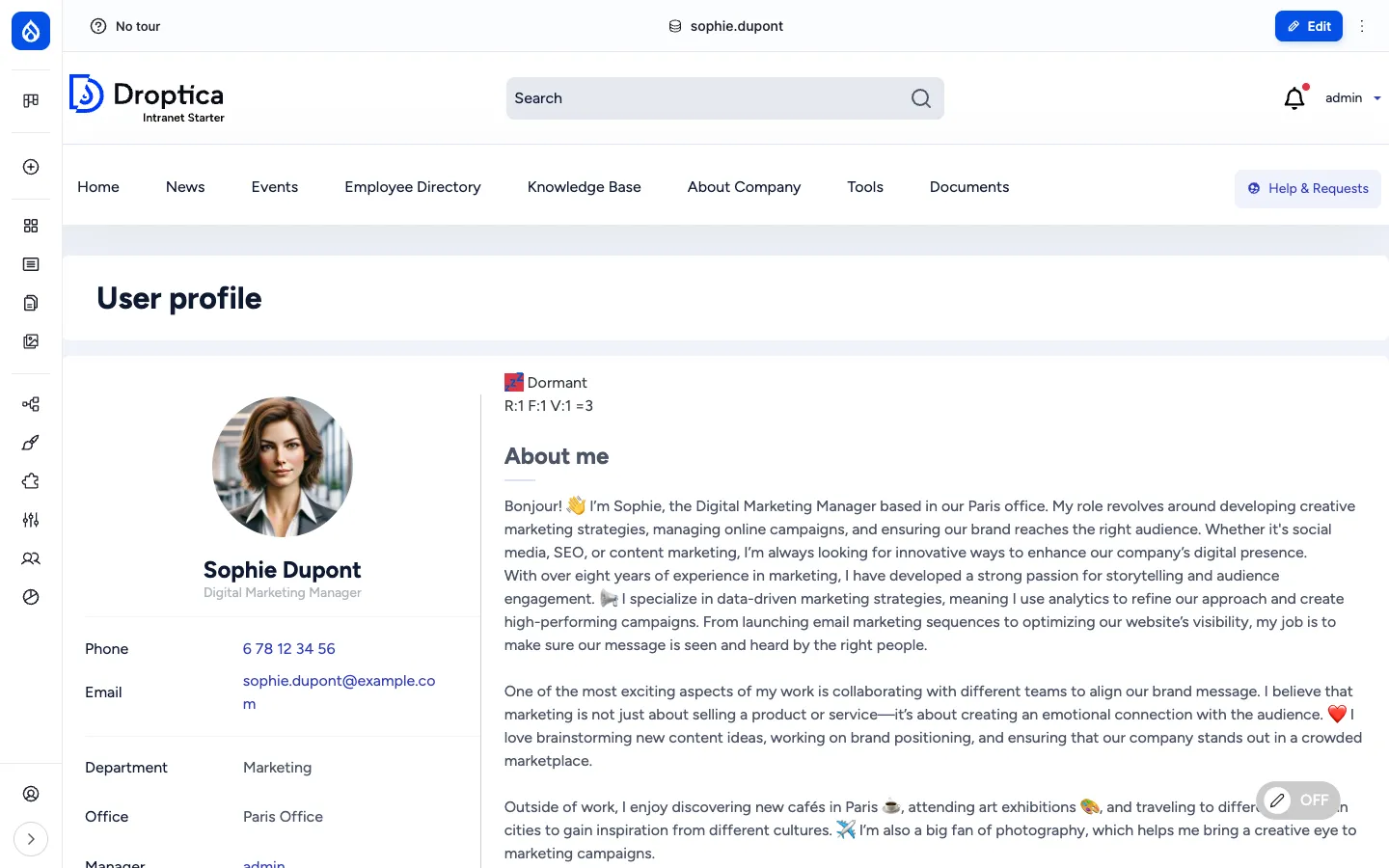 User profile page for Sophie Dupont: large avatar on the left, name and title underneath, Phone / Email / Department / Office / Manager rows; main column with engagement segment ("Dormant") and About me