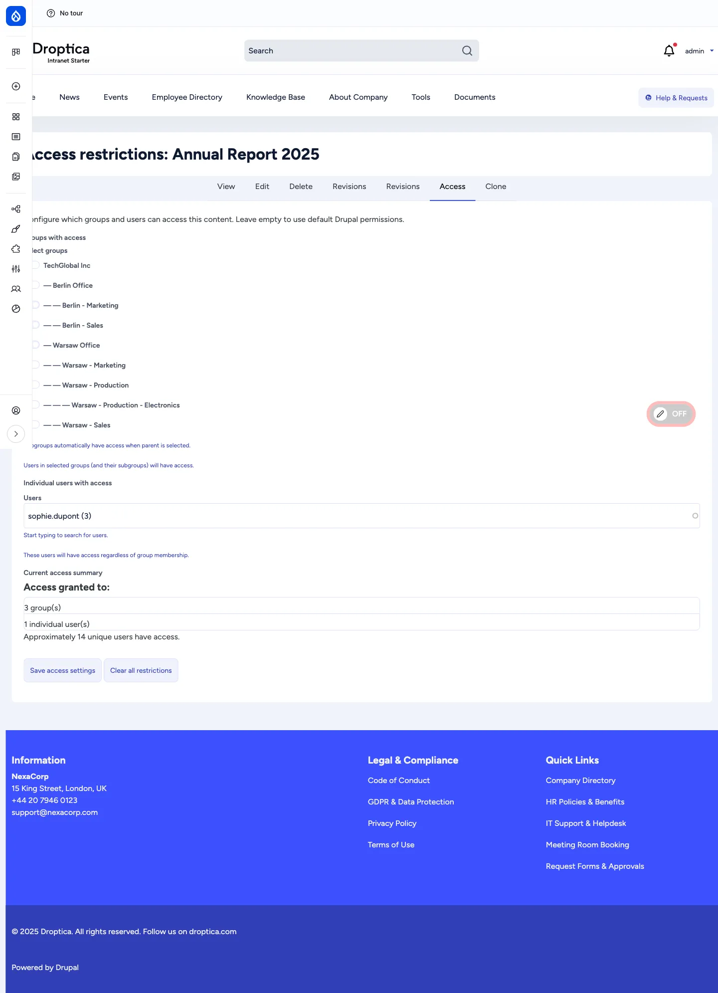 Document Access form for Annual Report 2025: a hierarchical group checkbox list (TechGlobal Inc, Berlin Office, Berlin Marketing/Sales, Warsaw Office, Warsaw Marketing/Sales/Production…), an Individual users picker showing sophie.dupont, a Current access summary (3 groups, 1 user, ~14 unique users) and Save / Clear all restrictions buttons