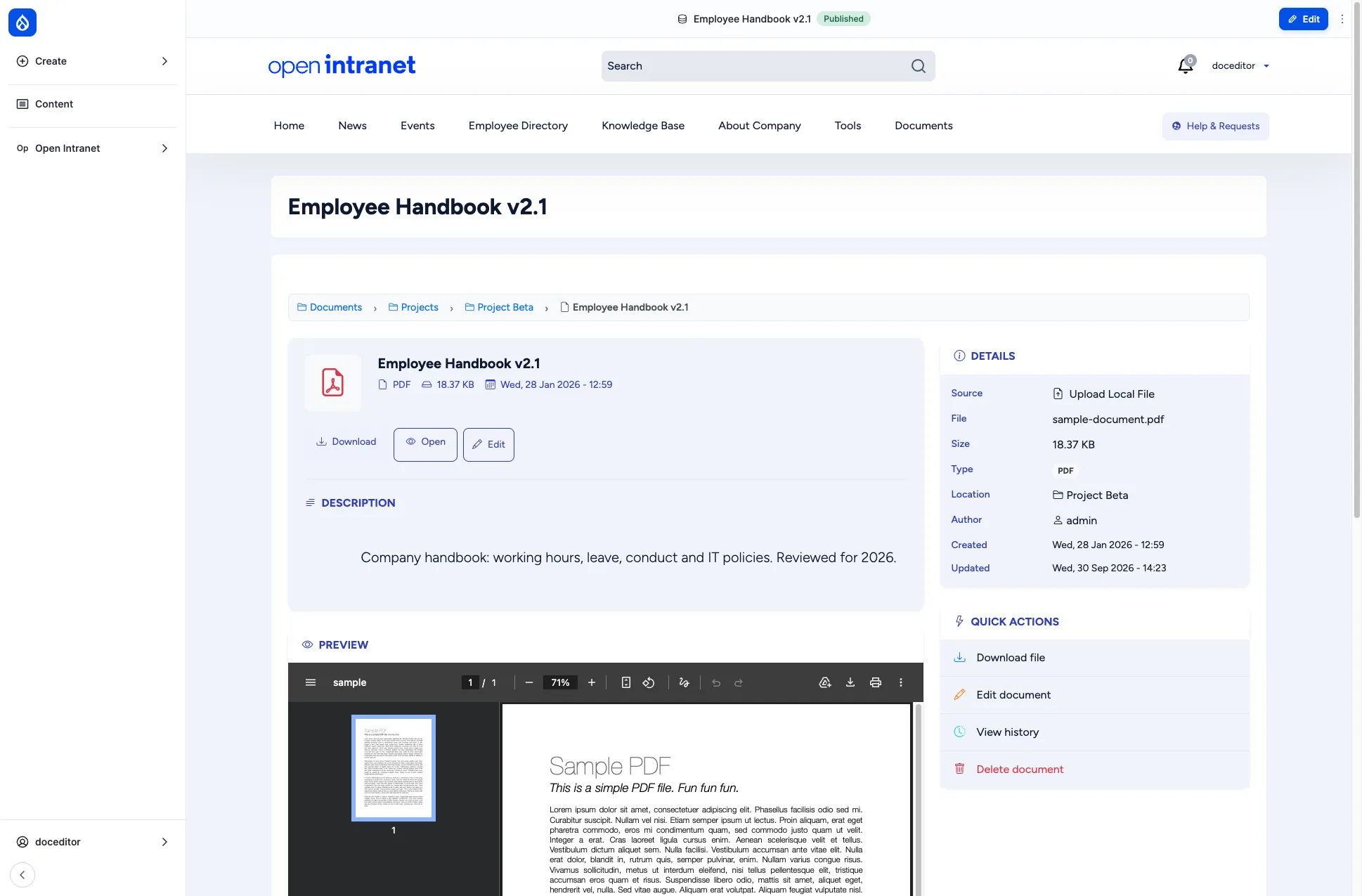 Document detail page for Employee Handbook v2.1 showing the embedded preview, action buttons, Details sidebar with metadata, and Quick actions sidebar