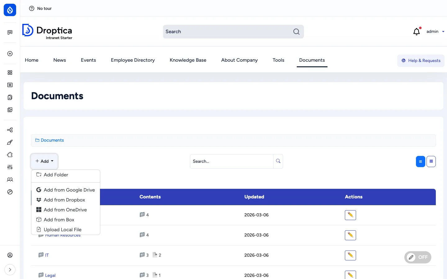 Add menu open over the Documents browser, showing Add Folder, Add from Google Drive, Add from Dropbox, Add from OneDrive, Add from Box, Upload Local File